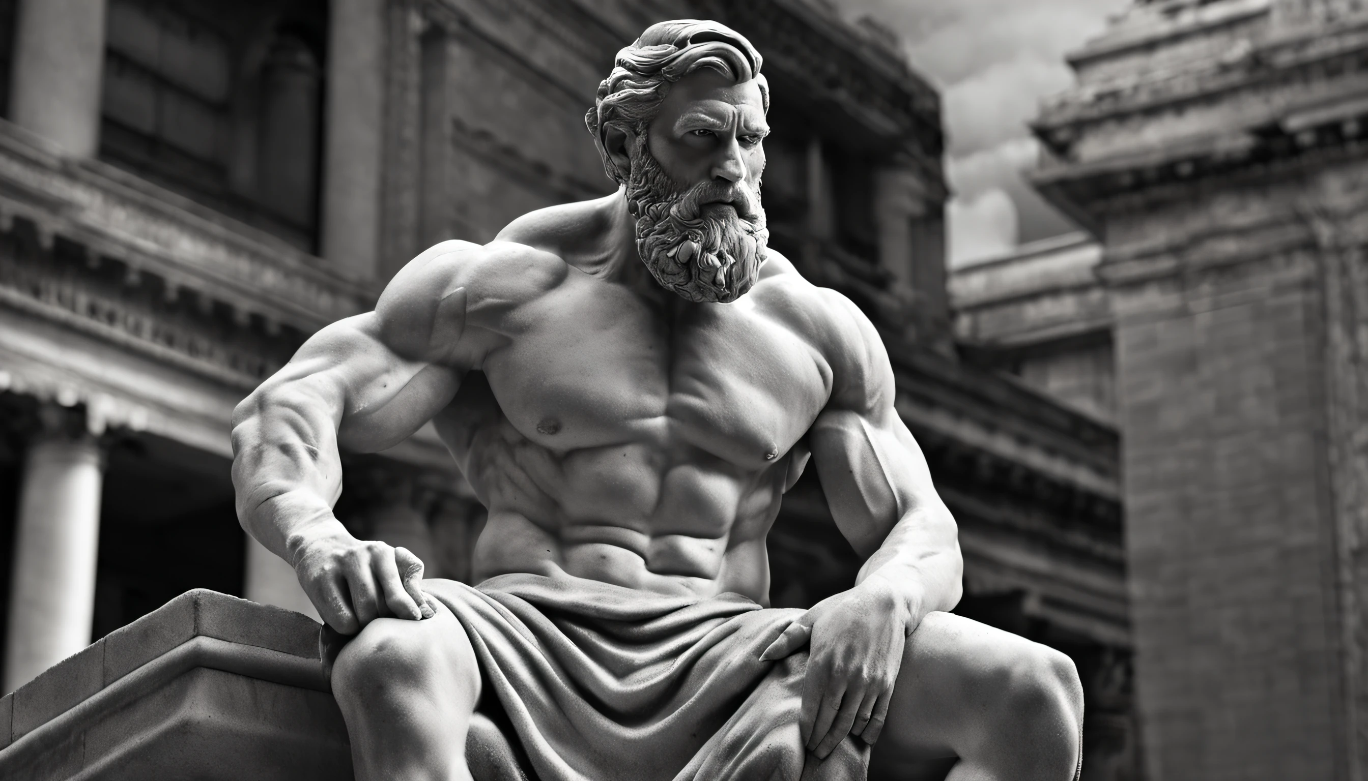 A white marble statue of a muscular, bearded man with a stern look in a darkened square at night, in the style of photographers Annie Leibovitz and Peter Lindbergh.