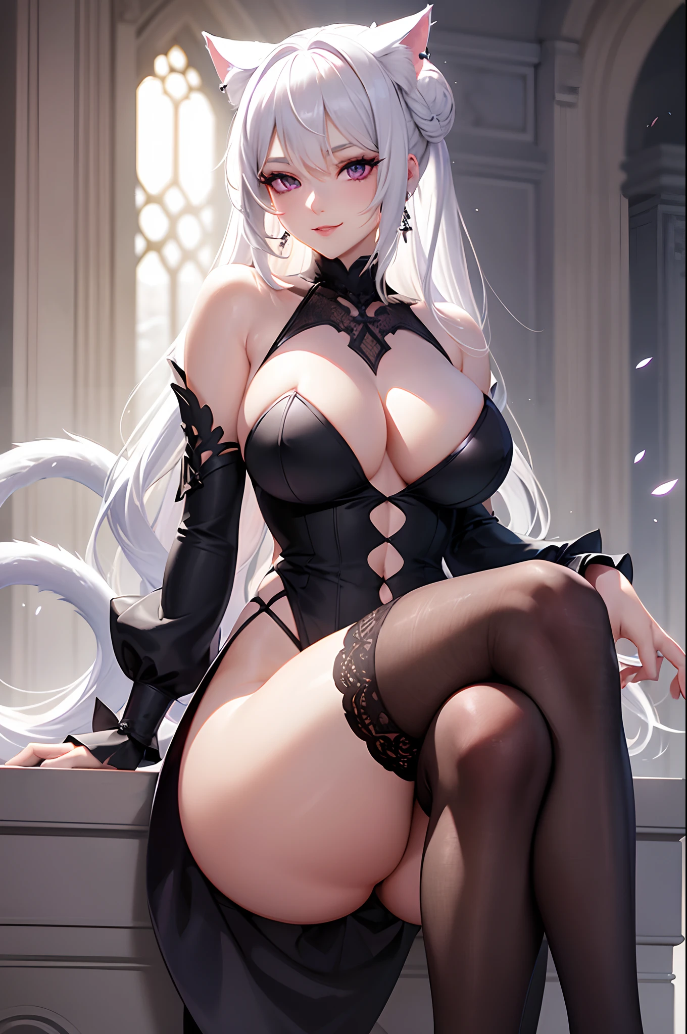 Detailed image of a girl, Semi loose white hair in a tousled aesthetic bun, sharp and seductive violet eyes, Beautiful face, smiling, full lips, cat ears and tail, wearing earrings, large breasts, blushing eye shadow, long thick eyelashes, posing sensually dressed in a dental floss, small waist, wide hips, large round buttocks, beautiful thick bare thighs, sitting crossing her legs, view from below, shallow depth of field, volumetric lighting, Shadow enhancement, Detailed temple landscape, Shoulder blades (Higher quality, Amazing details: 1. 25), (only: 1.3), Bright colorful paintings.