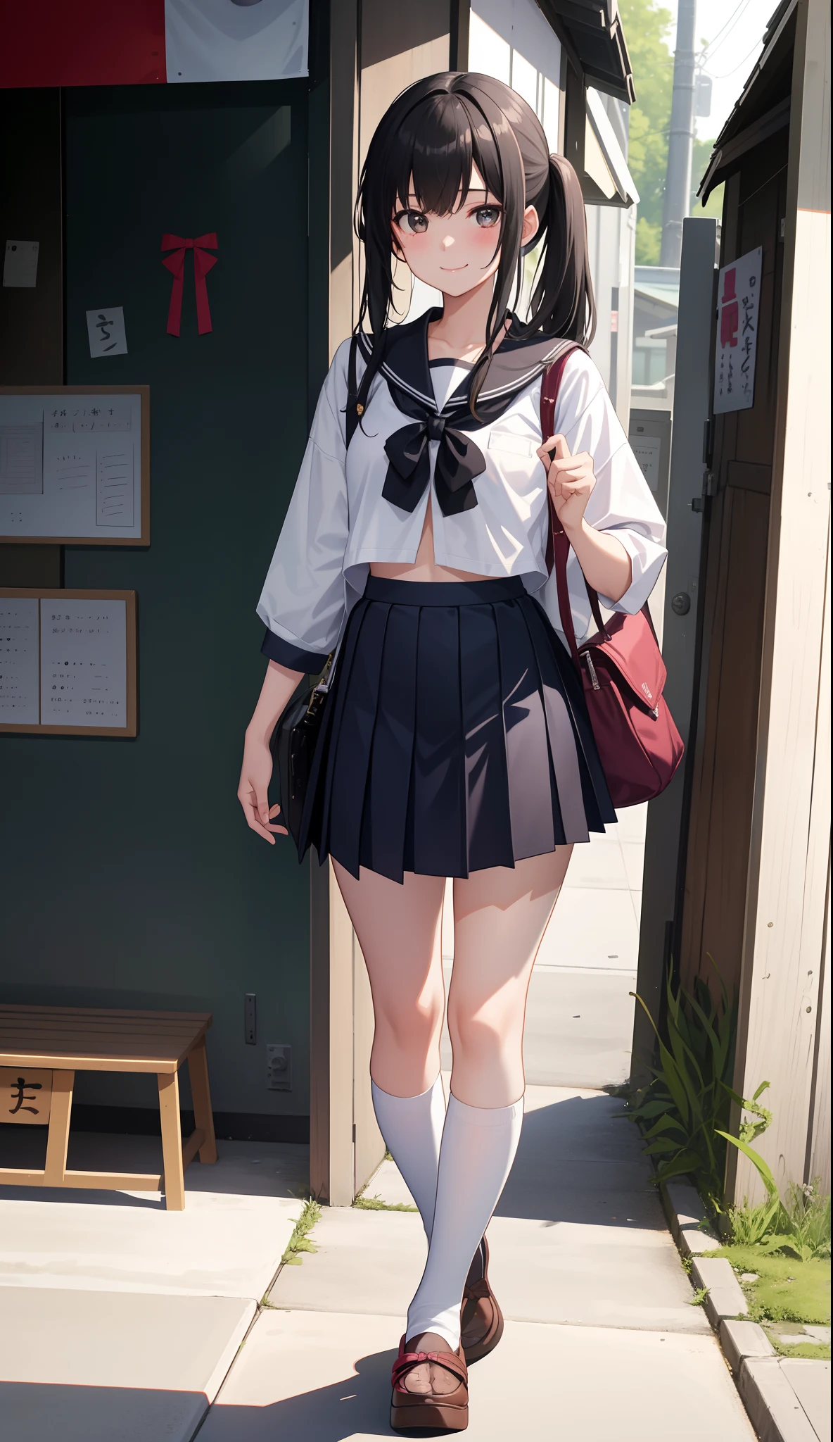 1girl in、AS-Adult、A smile、（Tsundere）、The shirt、skirt by the、（small tits）Chilarism、Japan High School Student Uniform、serafuku、summer clothing、（Sheer Bra）、Upper body portrait、Walking with a thigh、