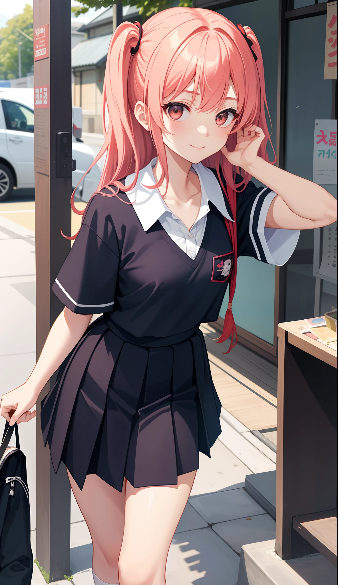 1girl in、AS-Adult、A smile、（Tsundere）、The shirt、skirt by the、（small tits）Chilarism、Japan High School Student Uniform、serafuku、summer clothing、（Sheer Bra）、Upper body portrait、Walking with a thigh、