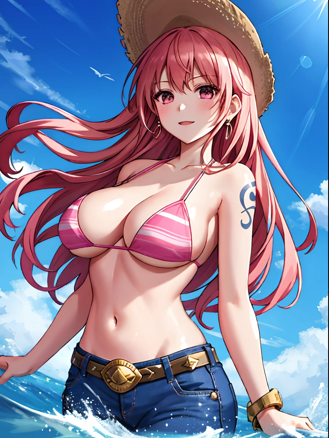 detailed background, masterpiece, 4k, epic, best quality, cheerful, late youth, adult, milf, athlete body, 1girl, cat ears pink, pink hair, pink neko ears, active, energic, ((wide open mouth, folded legs, smile, lying on the ground, fully lying down, open eyes, hands spread sideway, jumping)) , solo, nami \(one piece\), 1girl, bangle, (very missy long hair, tired, open mouth, feeling hot, tilting head, both hands spreadeagled, serious, hurt, glaring, open eyes, looking up, perfect detailed face, detailed round face) bold drawing lines, muscular arms, detailed bold body lines, flat jaw, adult woman, (wavy wide streaked bangs, floating bang, long left bangs ) (big cheeks), bare shoulders, off-shoulders, belt, bikini, bikini top only, blue sky, bracelet, springy breasts, breast lines, big round eyes, very big violet shiny eyes, bubbles, high eye position, cleavage, cloud, day, denim, earrings, floating hair, wavy long hair, shiny hair, green belt, green bikini, bold groin lines, ((straw hat)), long jeans, jewelry, medium breasts, log pose, long pink hair, looking at viewer, long navel, wet hair, pink hair, pants, shoulder tattoo, sidelocks, sky, solo, stomach, swimsuit, tattoo, detailed left arm, big forehead, hourglass figure, small head, toned body, wide hair, wind effect, sun effect, under the sun, narrow small ears angle, older, straight shot, water splashes, marks red in the face like Ahri from league of legends, pink hair,