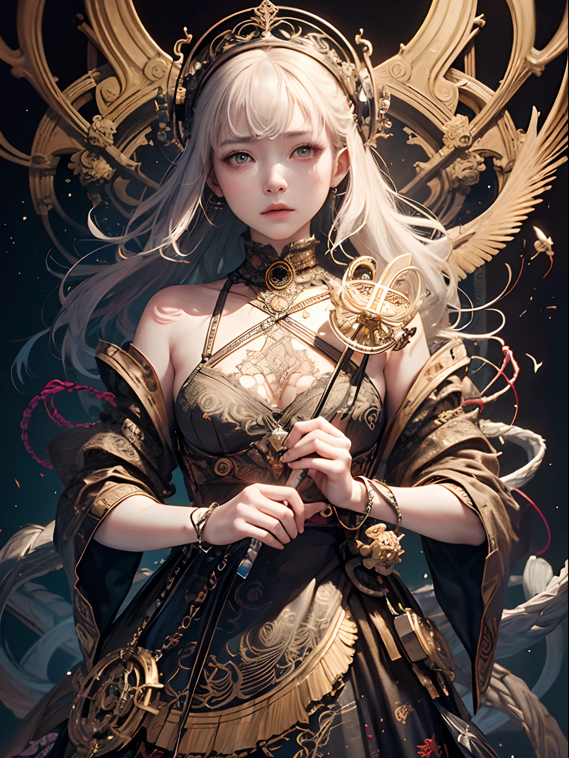 official art, unity 8k wallpaper, ultra detailed, beautiful and aesthetic, masterpiece, best quality, (zentangle, mandala, tangle, entangle), (fractal art:1.3) , 1girl, extremely detailed, dynamic angle, cowboyshot, the most beautiful form of chaos, elegant, a brutalist designed, vivid colours, romanticism, by james jean, roby dwi antono, ross tran, francis bacon, michal mraz, adrian ghenie, petra cortright, gerhard richter, takato yamamoto, ashley wood, atmospheric, ecstasy of musical notes, streaming musical notes visible