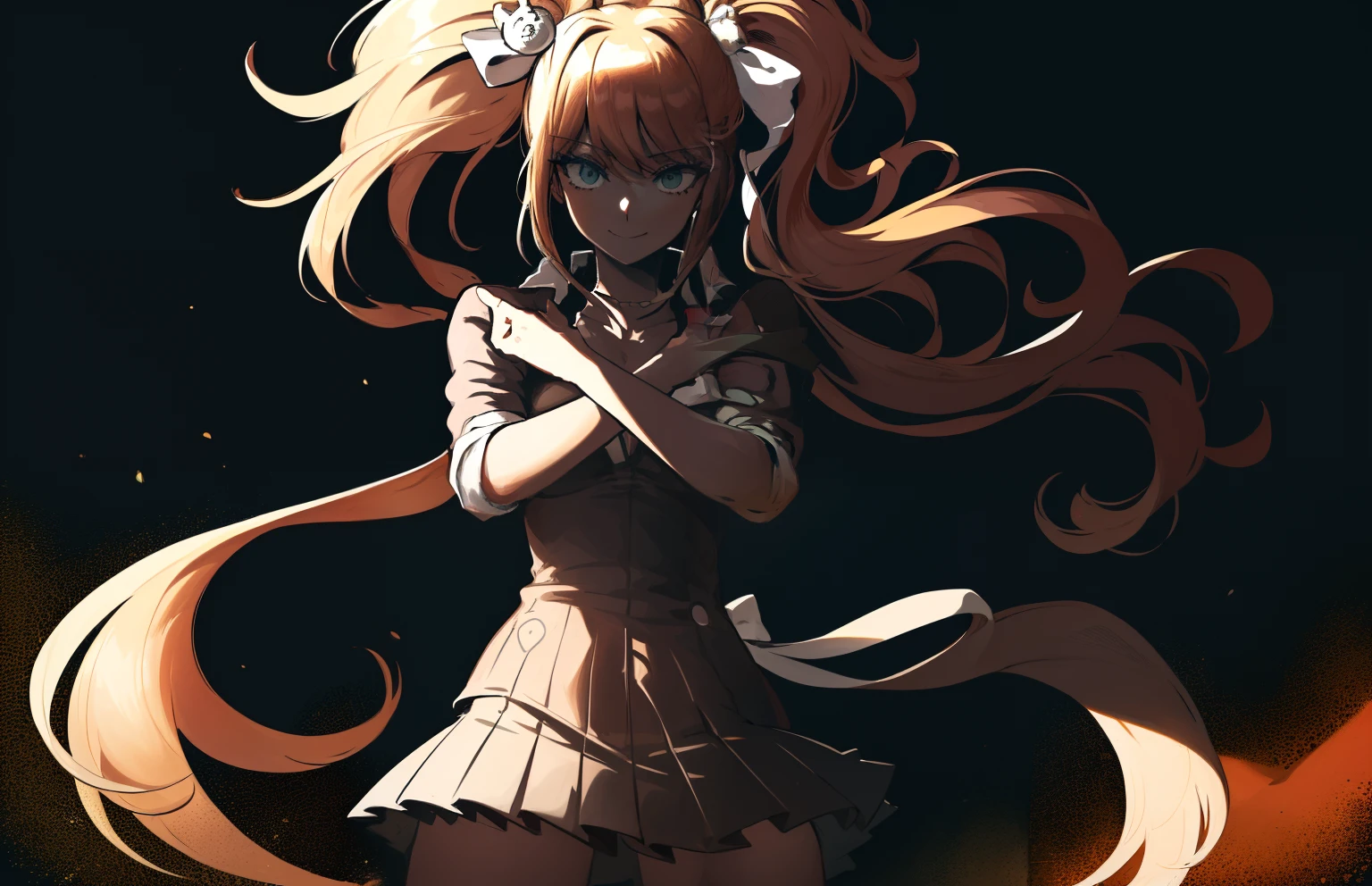 2d, masterpiece, best quality, anime, highly detailed, cowboy shot, 1girl, solo, monika, green eyes, very long hair, ponytail, school uniform, standing, straight-on, smile, white background, simple background