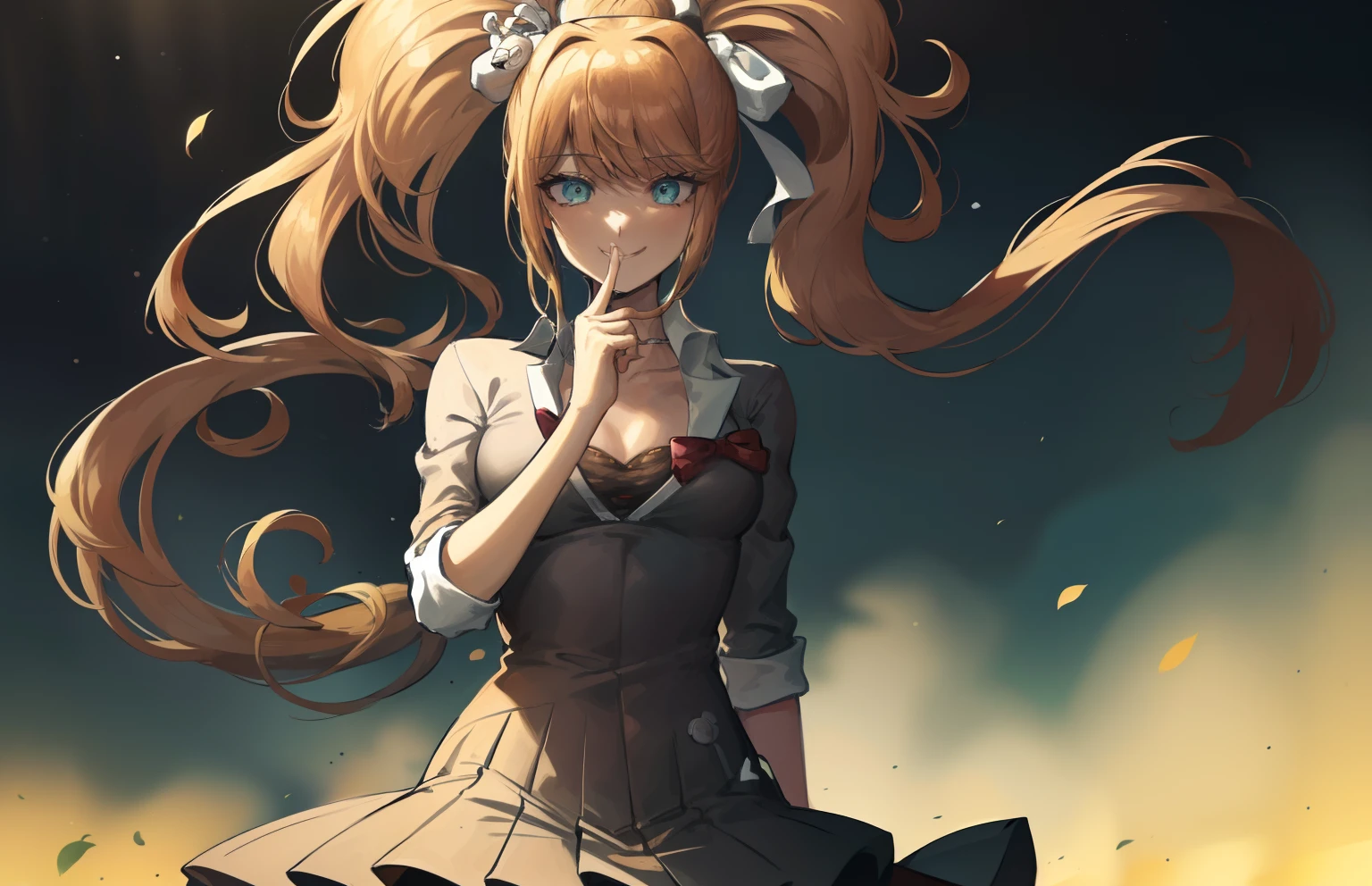 2d, masterpiece, best quality, anime, highly detailed, cowboy shot, 1girl, solo, monika, green eyes, very long hair, ponytail, school uniform, standing, straight-on, smile, white background, simple background