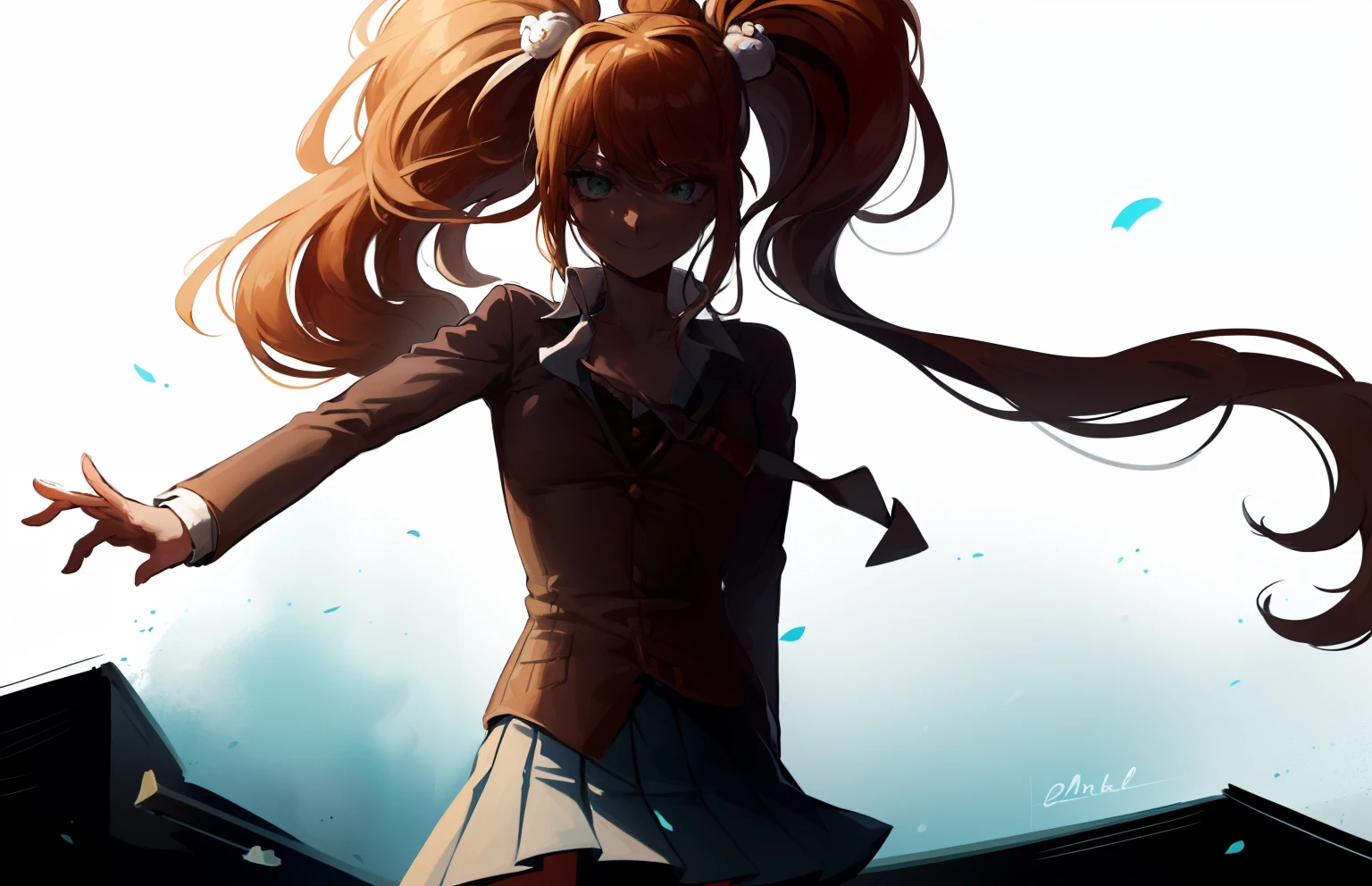 2d, masterpiece, best quality, anime, highly detailed, cowboy shot, 1girl, solo, monika, green eyes, very long hair, ponytail, school uniform, standing, straight-on, smile, white background, simple background