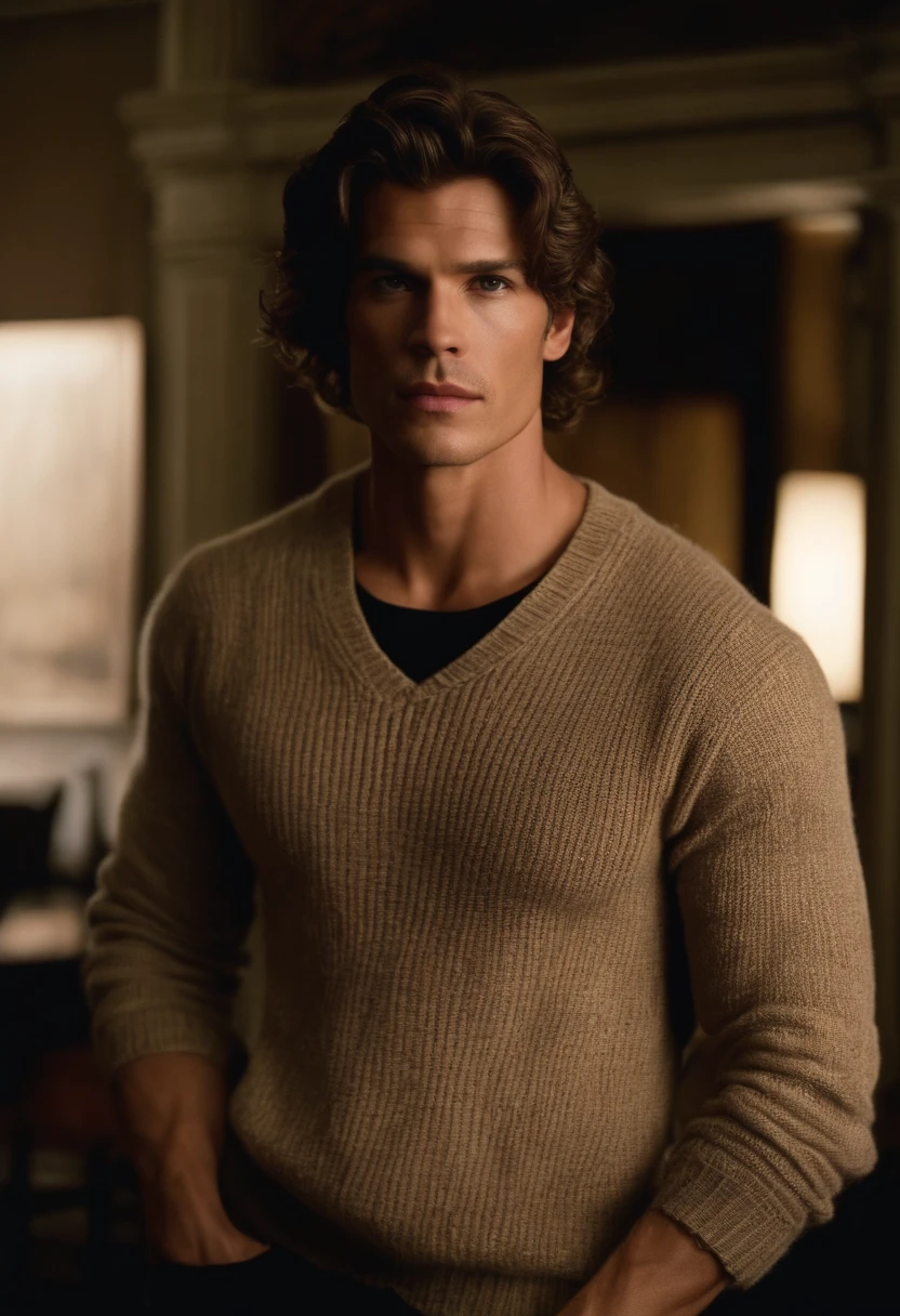 Um rapaz de 26 anos, sentado em uma poltrona em um quarto, He's wearing a turtleneck sweater, His eyebrows are thick and his eyes are dark looking at the viewer. sexy, foto sexy, alta qualidade, cicatrizes detalhadas. Ele tem o rosto semelhante ao de Timothy Olyphant de 2002
