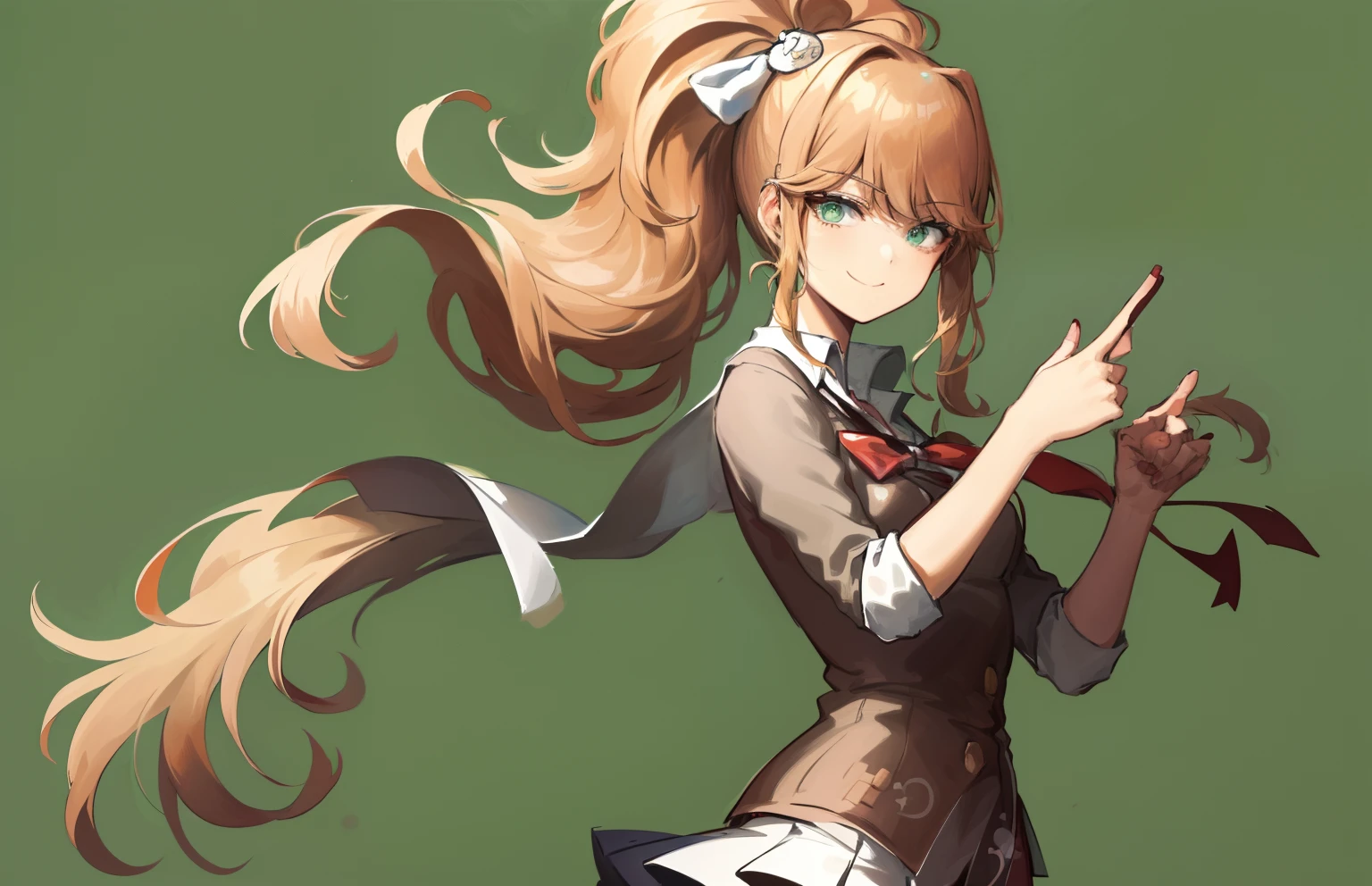 2d, masterpiece, best quality, anime, highly detailed, cowboy shot, 1girl, solo, monika, green eyes, very long hair, ponytail, school uniform, standing, straight-on, smile, white background, simple background