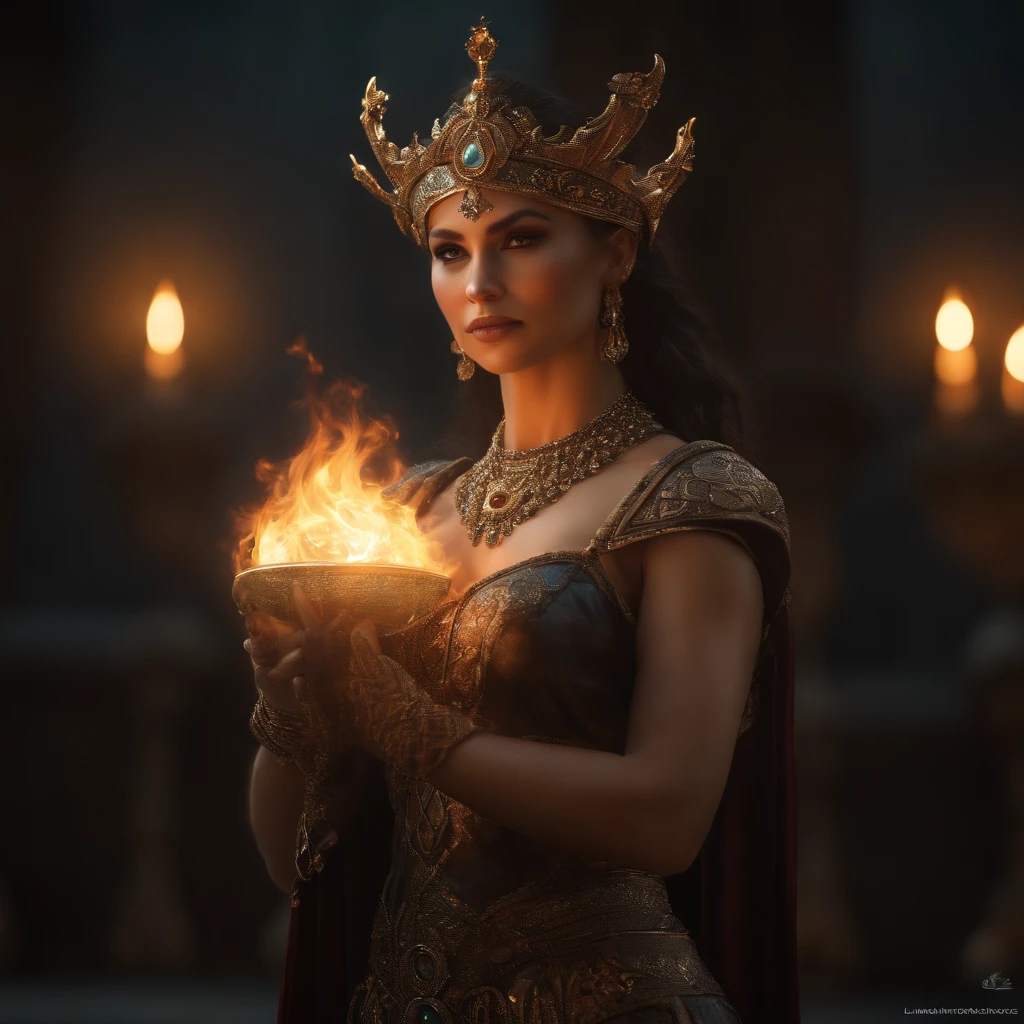 (Numerous award-winning masterpieces of, With incredible details, textures and maximum detail), (Ultra photo realsisim:1.4), (full-body portraits:1.5), (Realistic:1.3), looking to the camera,(up of the upper body:0.3), (best quality real texture skin), (Fine true circle Symmetrical eyes), finerly detailed face, ((medieval world)), ((The Lord's Ice Demon)), ((Lord's Flame Demon)), Machinary,cyber punk perssonage,(Full body view:1.5), (Burning bright eyes), (She has a mischievous smile on her face), (Eyes shining with fire in the dark:1.5), (A pair of red eyes), Bio-luminescence, (Rotating ice and strong wind in the background), (Dramaticlight), (A majestic sight), (Her countenance is gentle and beautiful, but somehow terrifying), Glass earrings on the ears, (Dramatic photo:1.4), ((dramatic pose)), (flamboyant photo), (Golden hair), (hair black), (Maroon hair), short detailed hair, ((head looking up)), ((Looking down)), (Around her neck is a simple necklace of exquisite workmanship), (Bio-luminescence,Brilliant light:1.3), (Use gorgeous icy magic:1.2), (swirling fire), The Great Temple of the Devil, The Devil's Grand Shrine, great temple, great cathedral, Temple ruins, detached temple, (Luminous magic circle:1.5), Ancient Castle Site, Shining majestic cloud masses and sky, salama, epic realistic, Faded, art, (greg rutkovsky:0.8), (Teal and orange:0.4), (Art Station:1.5), Cinematic, ((com cores neutras)), (hdr:1.5), (pastel colour:1.2), ultra - detailed, Dramaticlight, (Intricate details:1.1), the complex background,