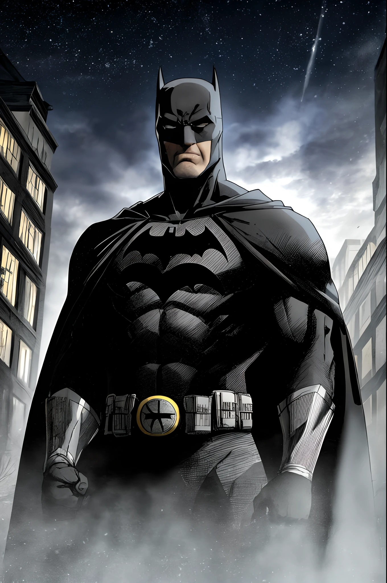 Upper body shot, 1 man, solo, Ben Affleck as Batman, tall, hunk, muscular, bulk, wide shoulder, photorealism, smirks, making a fist, dark dirty grey suit, dark grey arms, black batcowl, black gloves, best quality, masterpiece, high resolution:1.2, black cape, high detailed mask, high detailed suit, high detailed face, award winning, night time, cloudy night in the background, outdoor, ((masterpiece))