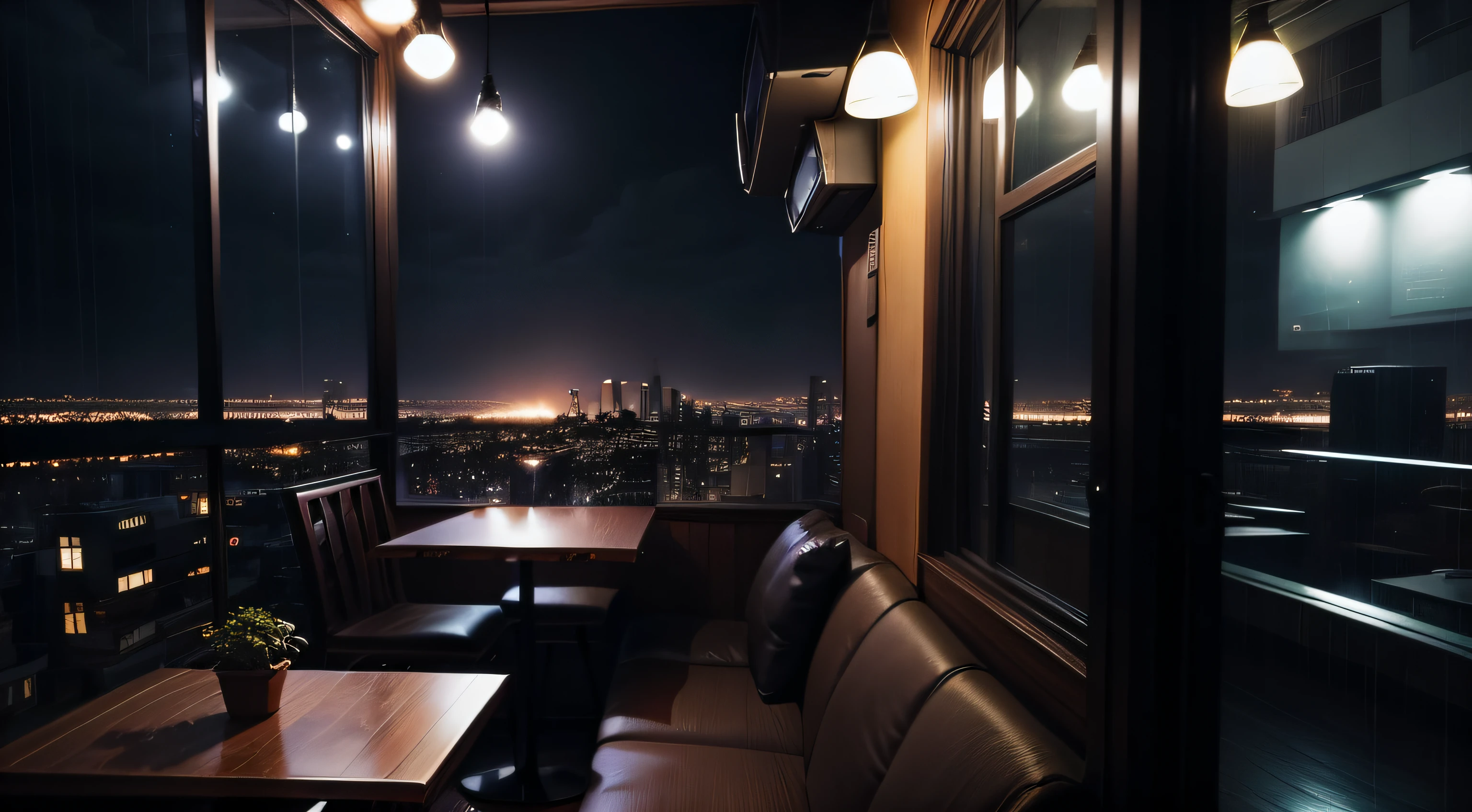 Sky from evening to night、Lo-Fi Hip Hop、Cafe with small lights、A few guests、The view outside the window is a residential area、Silence、It's raining a little、