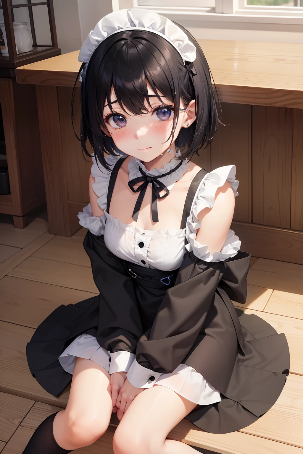 girl，Black short hair，maid outfit，Black lace-up boots，White pantyhose，blush害羞，Classroom scene，恶魔深色短发girl，Shy，blush，For the audience，blush害羞，Classroom scene，girl，