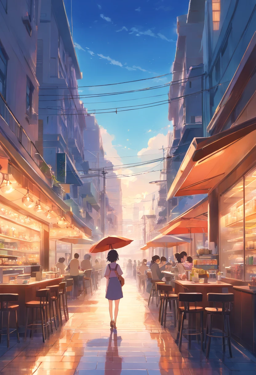 qualidade superior, obra prima, foco suave , Aquarela gradiente brilhante , sonhador , fundo branco, garota、cafes, pubs Londres