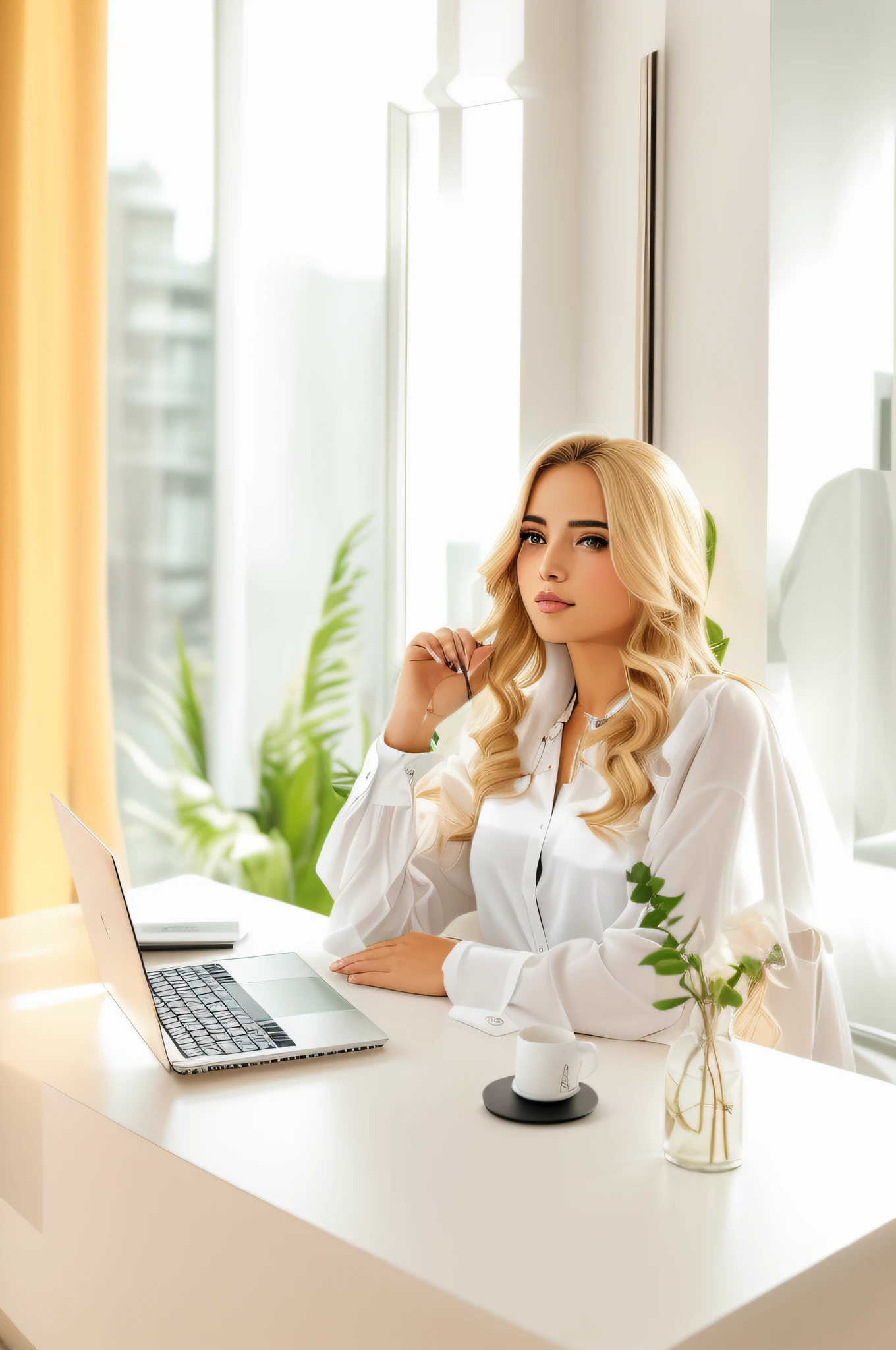 There's a blonde woman (blond hair) "blond hair"sentada em uma mesa com um laptop, sentado em frente ao computador, vestindo uma roupa elegante, mulher jovem sofisticada, na frente de um computador, vestindo uma blusa branca, olhar elegante, em uma mesa branca, young business woman, sentado em um computador, com pano de fundo de luz natural, vestindo roupas casuais elegantes, uma mulher bonita no branco