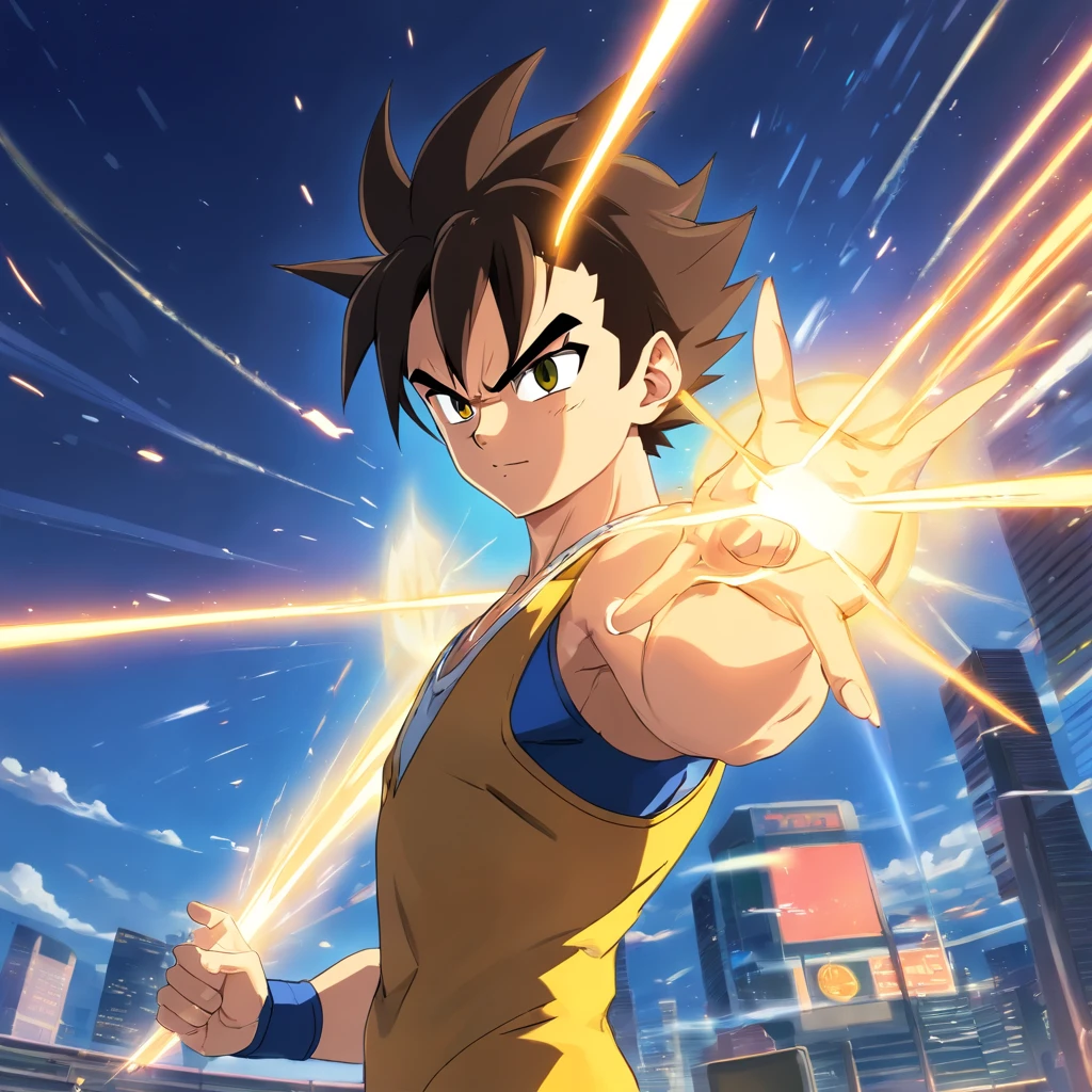 uma arte perfeita de Vegeta como Super Sayajin, cabelos e olhos amarelos, envolto em energias e raios amarelos, sarcastic expression, well-defined muscles, Sombras realistas, incredible details, olhos perfeitos, perfect hands, corpo inteiro, sem camisa, Dark sky in the background.