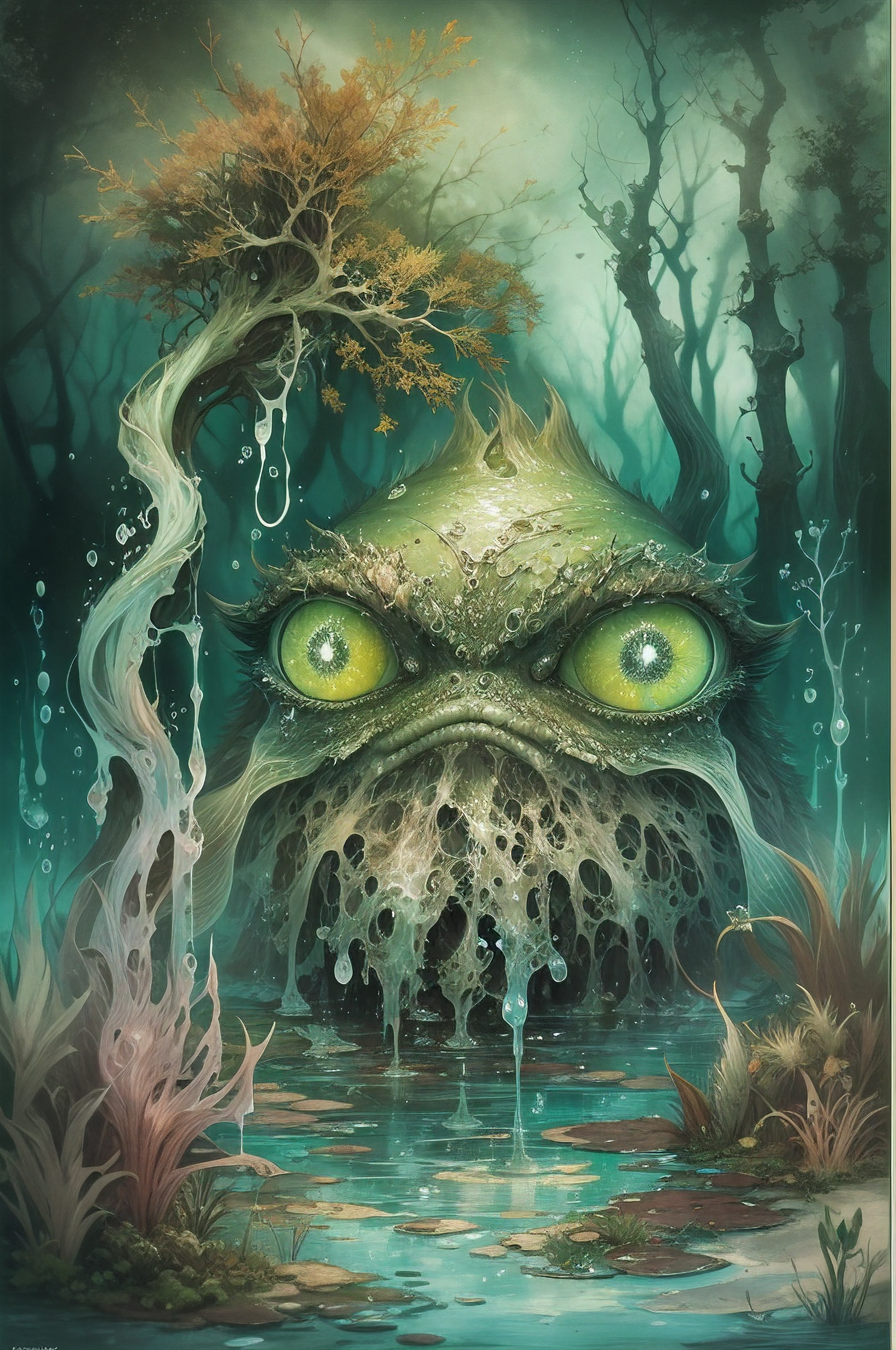 Magic realism, splash art alcohol ink, anthropomorphic swamp spirit, made of water and algae pale-faced wet creature, bulging eyes, gills, swamp ambience studio lighting, dreamy, magic, intricate details, perfect anatomy, Perfect lighting, Sharp focus, close up, story book style, rich colors, complex compositions