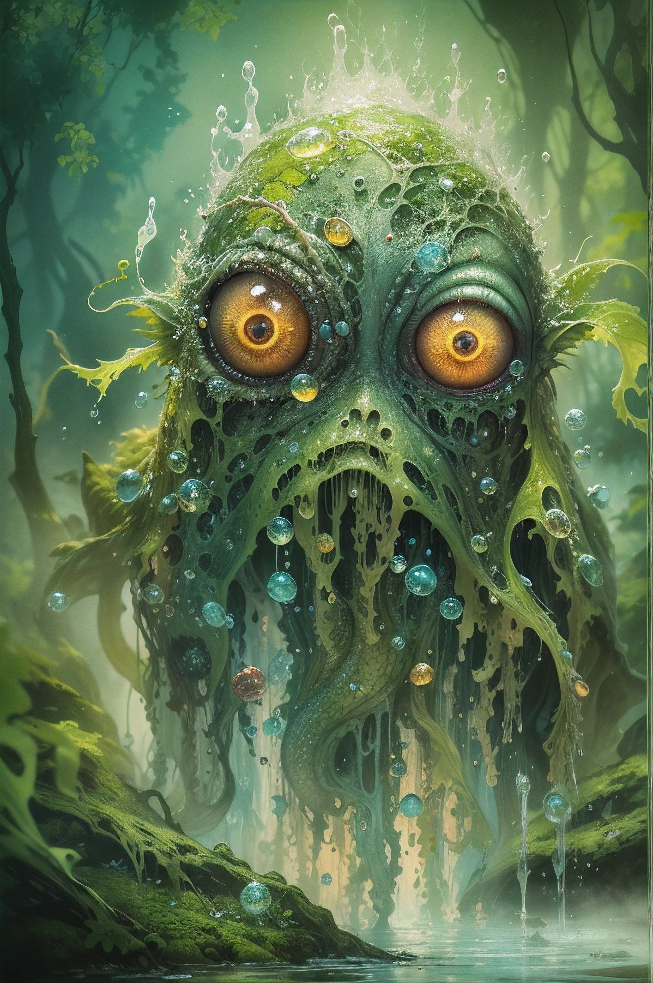 Magic realism, splash art alcohol ink, anthropomorphic swamp spirit, made of water and algae pale-faced wet creature, bulging eyes, gills, swamp ambience studio lighting, dreamy, magic, intricate details, perfect anatomy, Perfect lighting, Sharp focus, close up, story book style, rich colors, complex compositions
