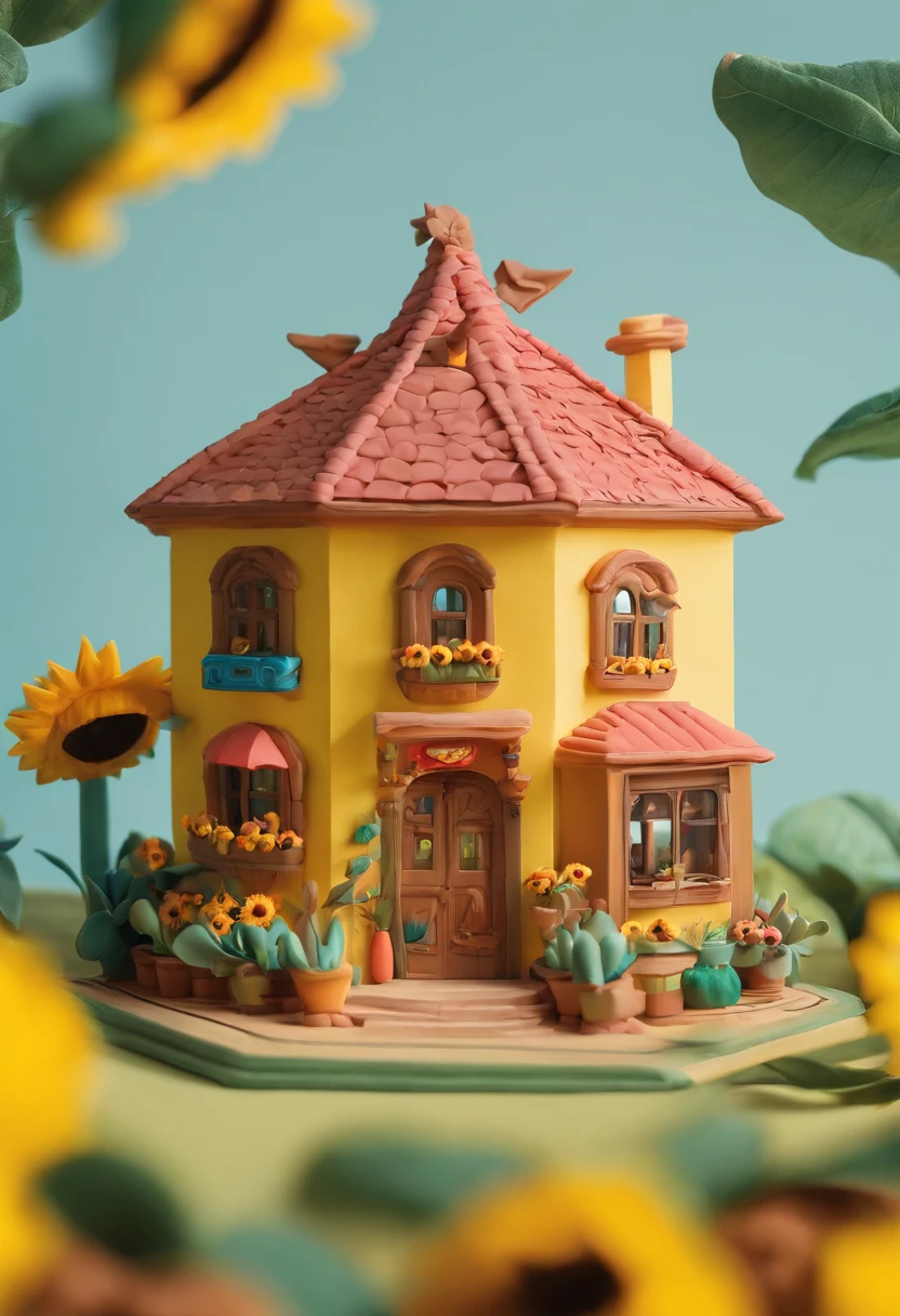 Sunflower House Gloria Studio, The garden is full of sunflowers, Clay material, Cartoonish design style, POP MART, Soft lighting, smooth lines, Tilt-shift lens, Detailed sci-fi illustrations, super realistic details, warm color