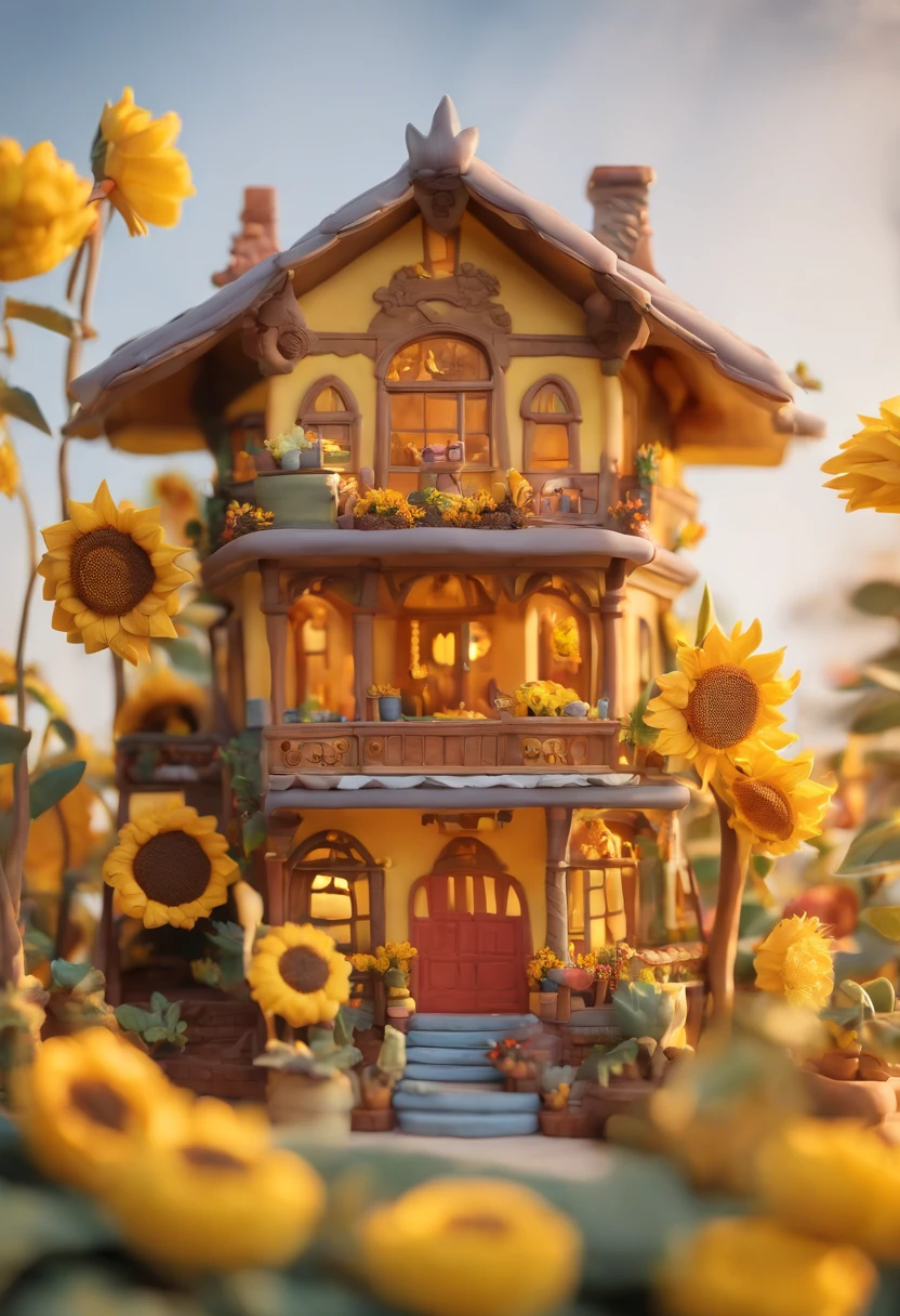 Sunflower House Gloria Studio, The garden is full of sunflowers, Clay material, Cartoonish design style, POP MART, Soft lighting, smooth lines, Tilt-shift lens, Detailed sci-fi illustrations, super realistic details, warm color