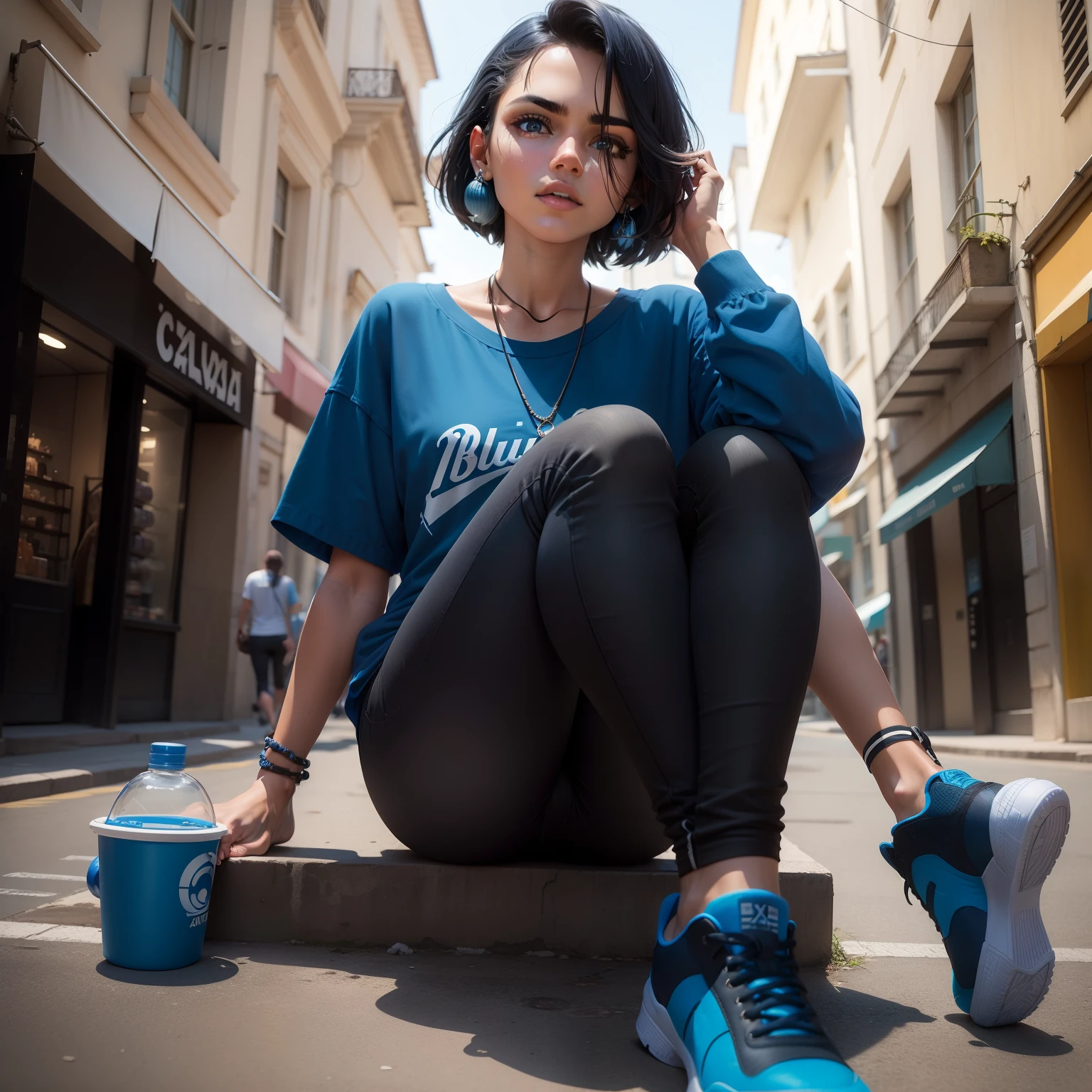 Um cara de cabelos brancos, blusa azul com um X grande no centro, with a black pants with blue stripe and a black shoe with blue laces