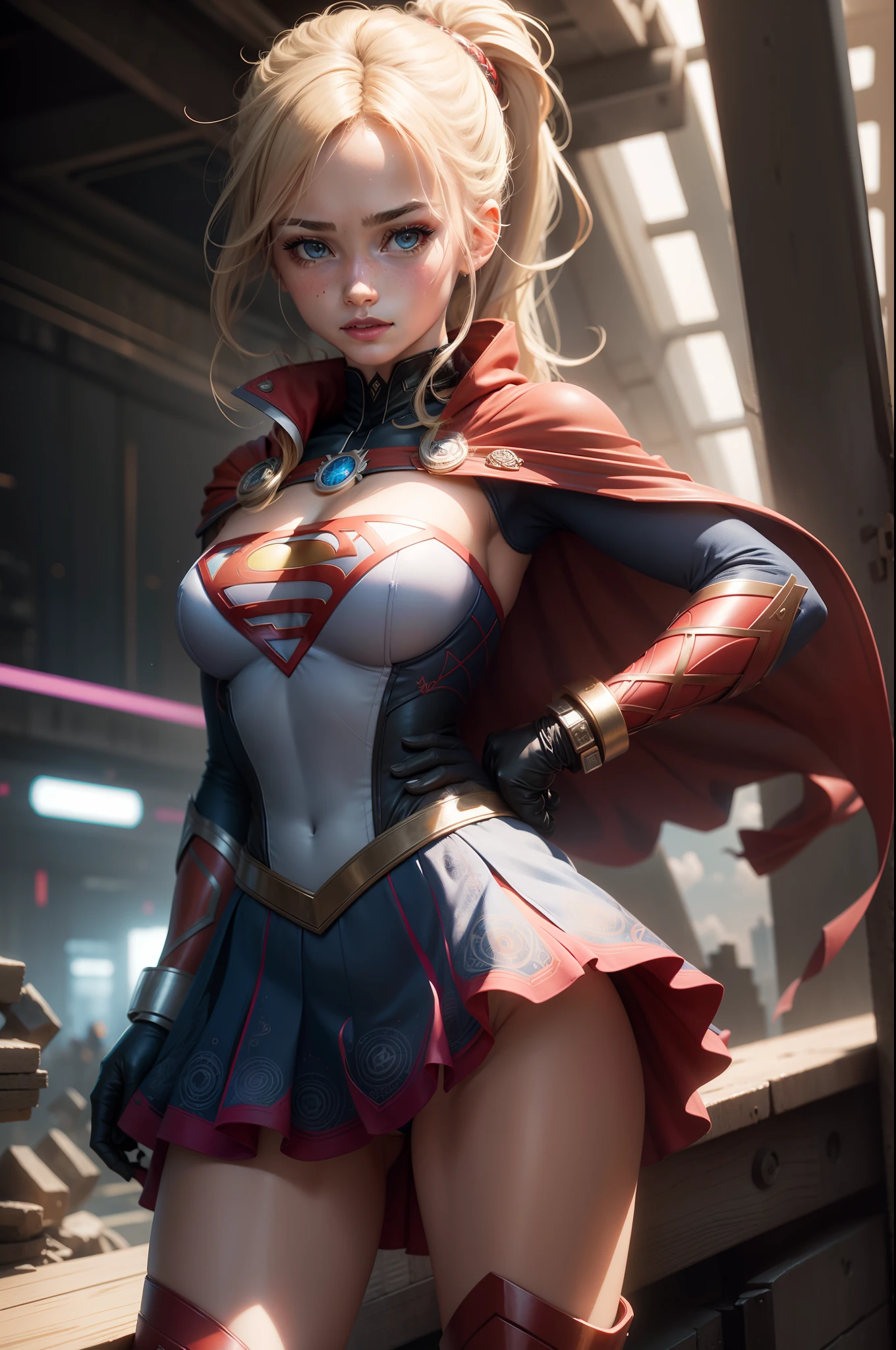 official art, unity 8k wallpaper, ultra detailed, beautiful and aesthetic, beautiful, masterpiece, best quality, (zentangle, mandala, tangle, entangle), 1girl, (supergirl), blonde ponytail, blue eyes, petite, red cape, red skirt, red boots, blue top, small breasts, exposed collarbone, exposed neck, exposed waist, flying above cityscape, sweatdrop, looking away, CyberPunk, add_detail, Supergirl, thunderstorm, epic scene,Detalles complejos, sexualizada, provocativo, Sensual, sonrisa pervertida, hyper lolita, Pezones erectos, cameltoe completo, Hiperresolución, pecas llenas, labios gruesos y jugosos, Grandes ojos, barely revealing clothes