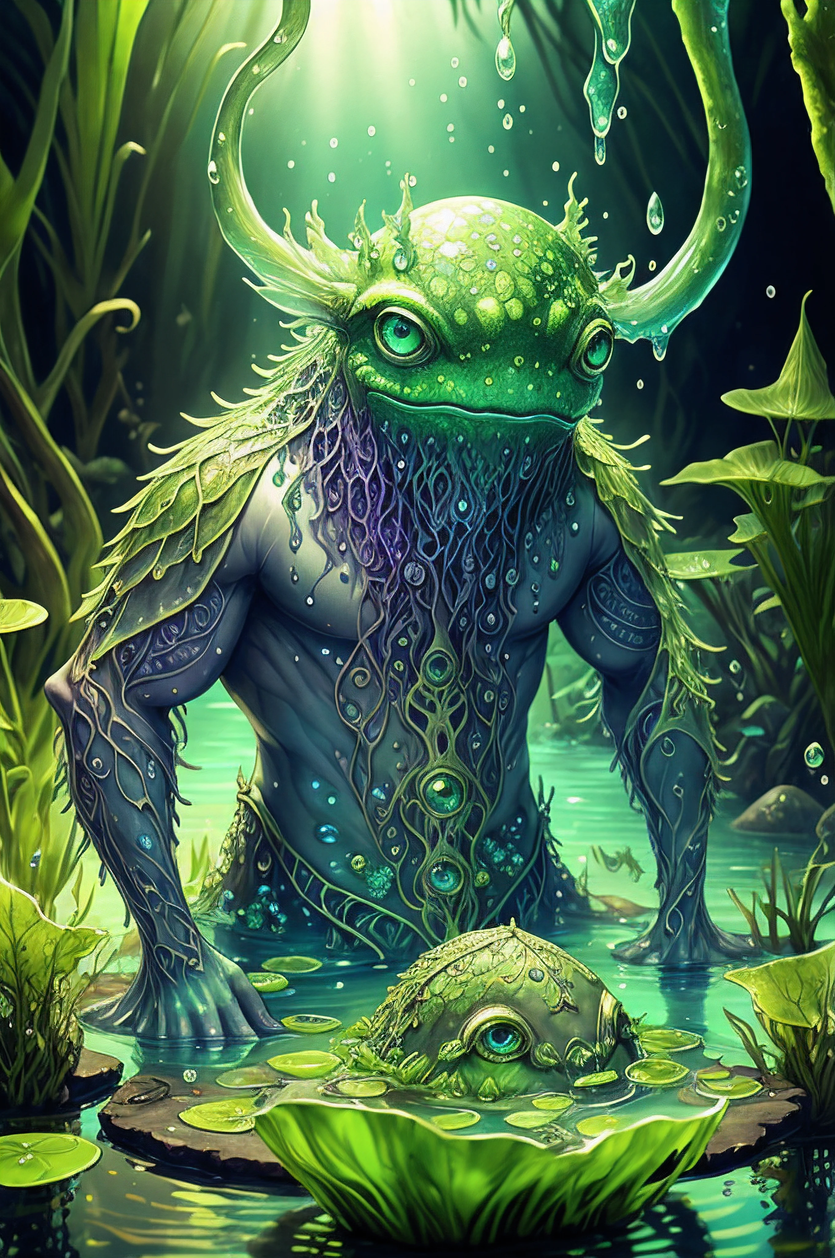 Magic realism, splash art alcohol ink, anthropomorphic swamp spirit, made of water and algae pale-faced wet creature, bulging eyes, gills, swamp ambience studio lighting, dreamy, magic, intricate details, perfect anatomy, Perfect lighting, Sharp focus, close up, story book style, rich colors, complex compositions