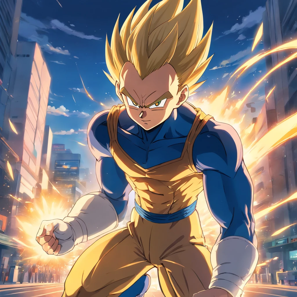 uma arte perfeita de Vegeta como Super Sayajin, cabelos e olhos amarelos, envolto em energias e raios amarelos, expression serious, well-defined muscles, Sombras realista, incredible details, olhos perfeitos, perfect hands, corpo inteiro, roupa azul, Dark sky in the background