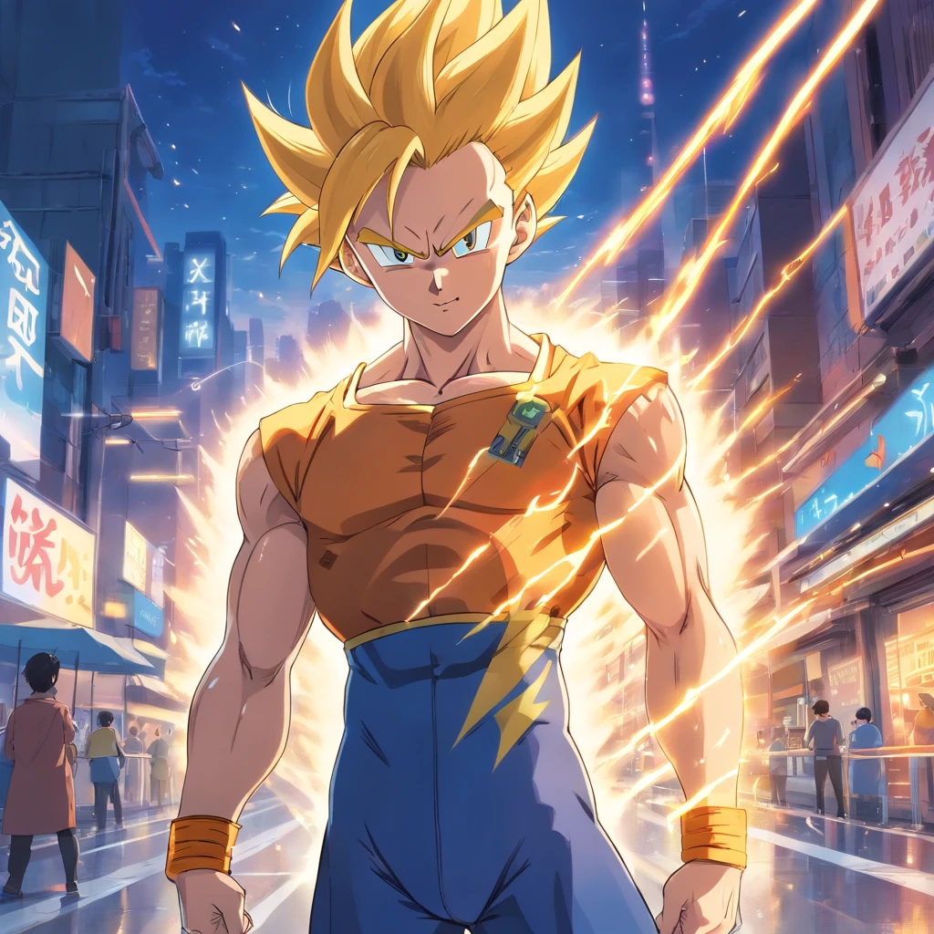 uma arte perfeita de Vegeta como Super Sayajin, cabelos e olhos amarelos, envolto em energias e raios amarelos, expression serious, well-defined muscles, Sombras realista, incredible details, olhos perfeitos, perfect hands, corpo inteiro, roupa azul, Dark sky in the background