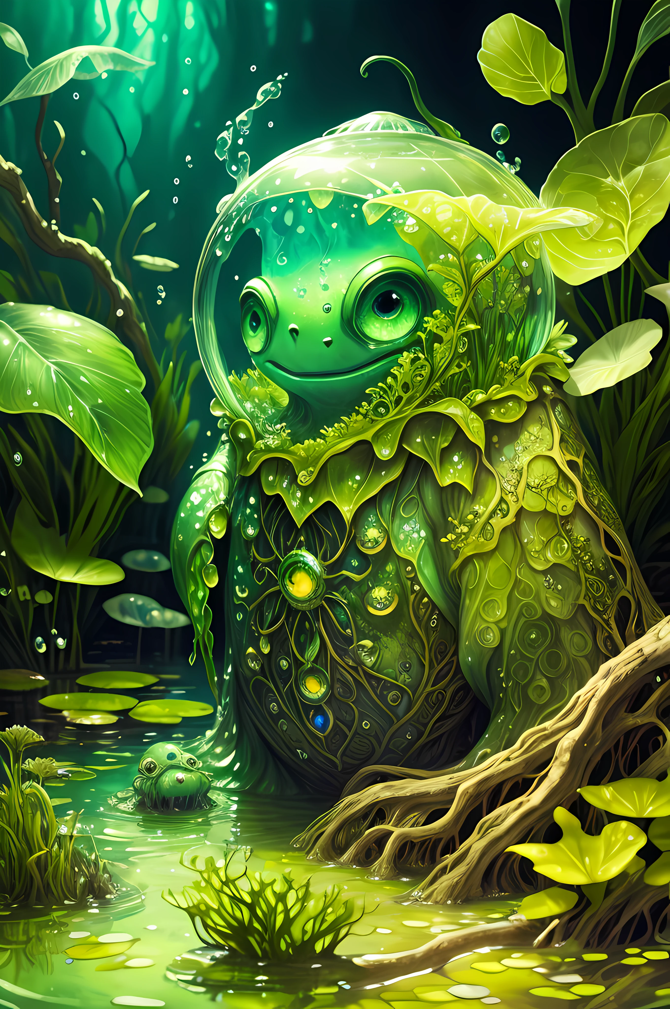 Magic realism, splash art alcohol ink, anthropomorphic swamp spirit, made of water and algae pale-faced wet creature, bulging eyes, gills, swamp ambience studio lighting, dreamy, magic, intricate details, perfect anatomy, Perfect lighting, Sharp focus, close up, story book style, rich colors, complex compositions