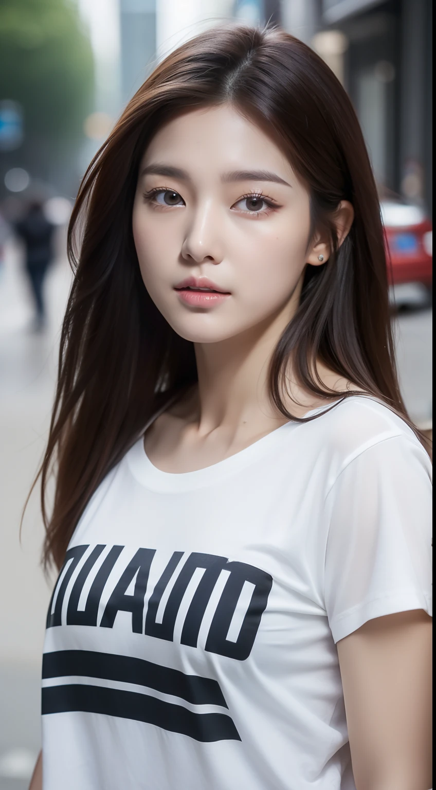 realistic photos of 1 cute Korean star, streaked hair, white skin, thin makeup, 32 inch breasts size, wearing t-shirt, on the street, in rainy day, close-up portrait, UHD