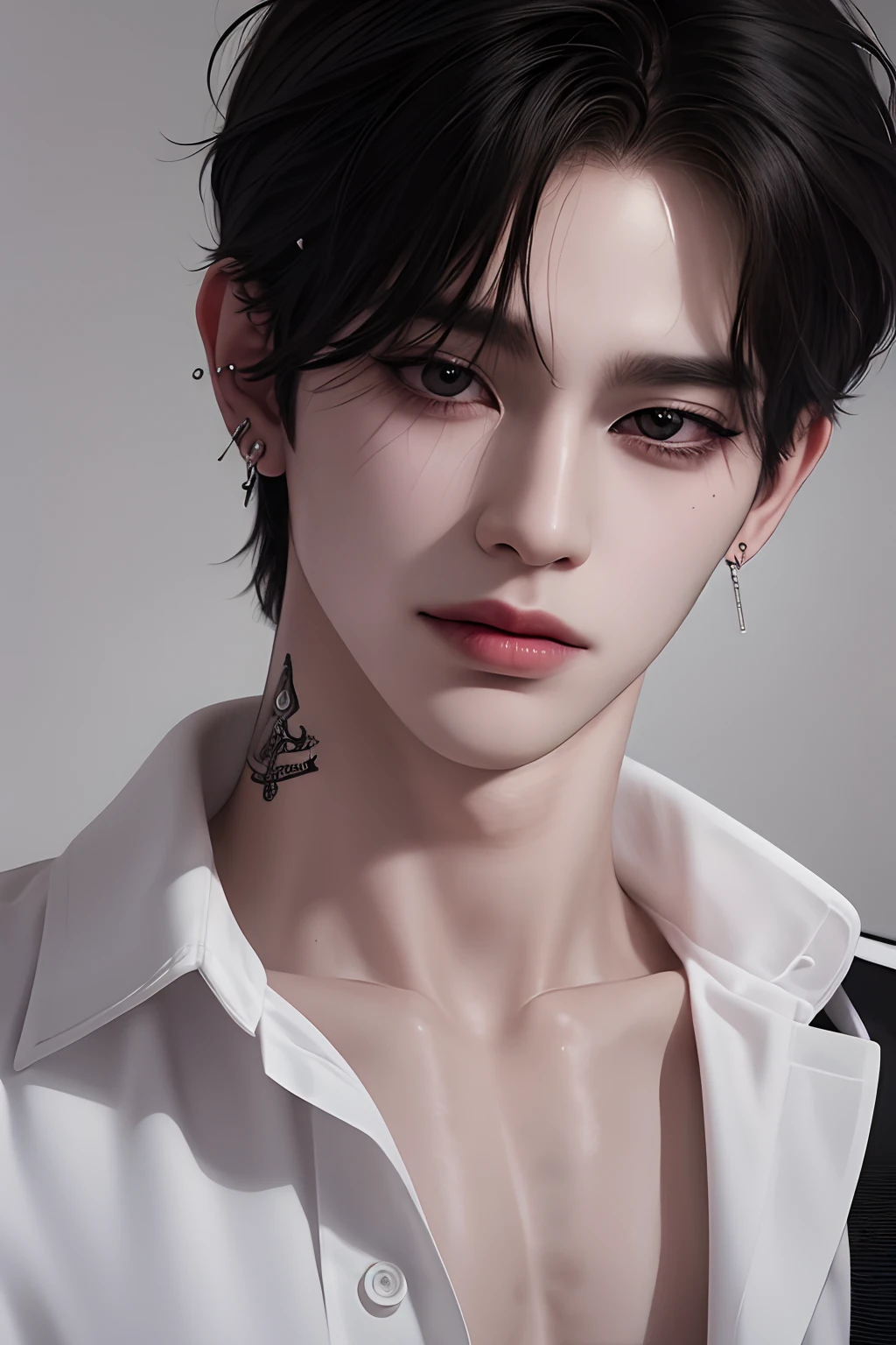 man, handsome, korean bad boy, ultra-detailed,hyper details,cinematic light, solo,stand,white studio,black-and-white-filter,closeup,front,looking at viewer from front,manhwa-style,unbutton-shirt,tattoo in chest,black-hair,messy-bangs,emo-haircut,model,pose,piercing,ear-rings,cross-necklace,grin.