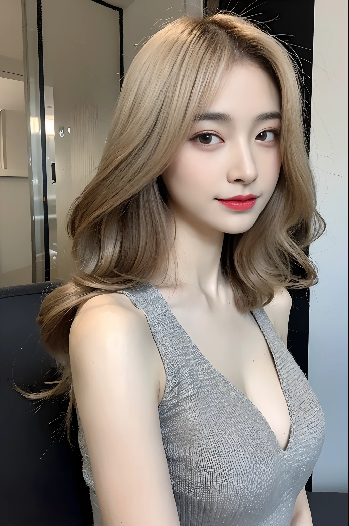 (((8K、Raw photography、top-quality、masterpiece:1.4)))、The ultra -The high-definition、ultra-definition、(Wear fashionable dresses)、A sexy、鎖骨、slit、Middle length blonde hair、gradation hair、Curly hair、Hair above one eye、a closeup、Environment only、labo、natta、buliding、A futuristic、imagination、Modern life、sofas、Artistically、Model body type、small tits、Very small breasts