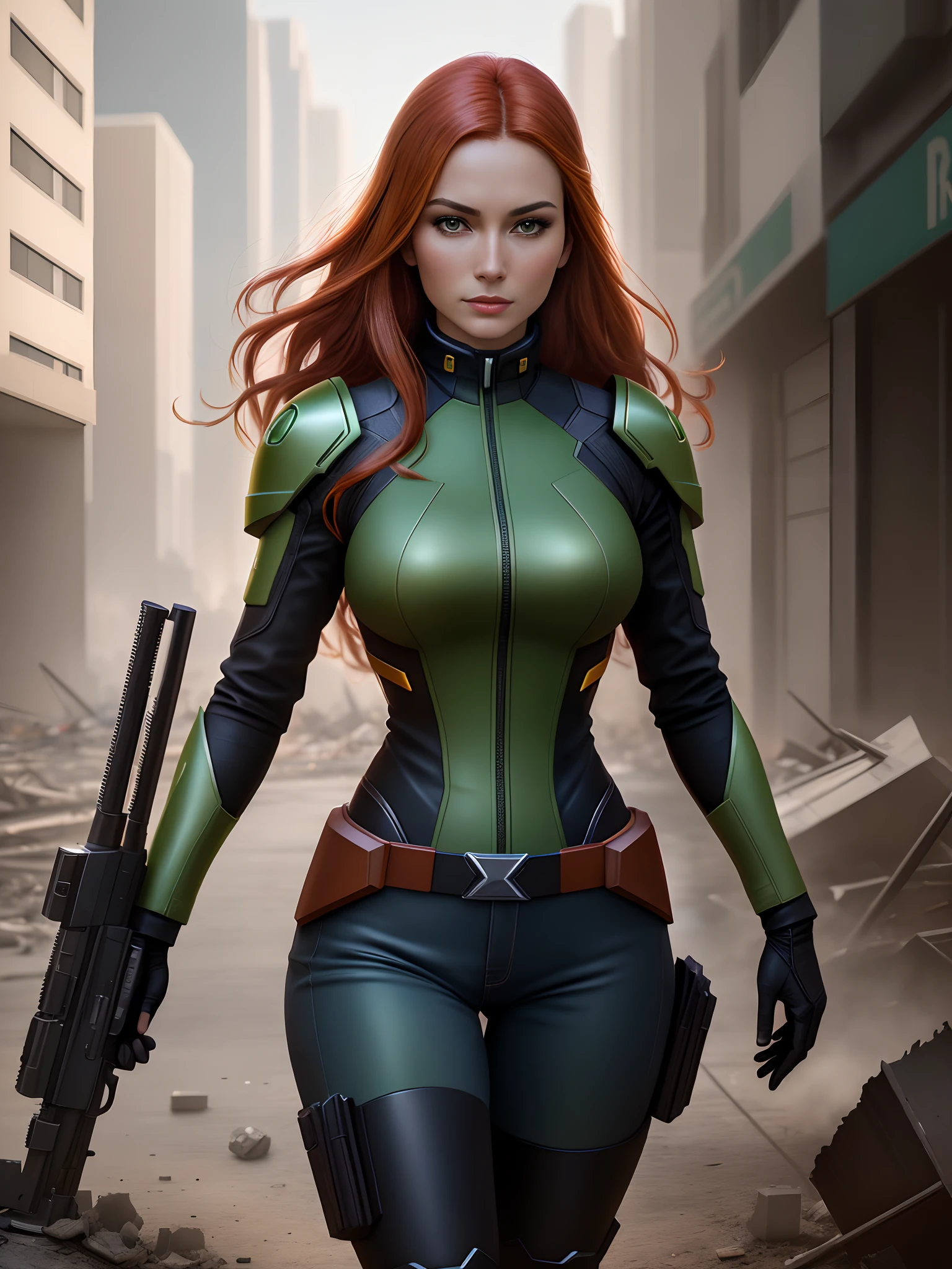 (Woman in green uniform holding a gun in a destroyed city: 1.19), Arte cyberpunk inspirada em Stanley Artgerm, Vencedor do concurso CGSetline, Arte Digital, Artgerm Julie Bell Beeple, Wojtek FUS, Artgerm e Lois van Baarle, (Retrato de corpo inteiro de Jean Grey: 1.15), fotorrealista, fotografia, master part, Realistic, realismo, fotorrealismoo, alto contraste, photorealistic digital art trending in Artstation 8k HD high definition detailed realistic, circunstanciado, textura da pele, hiper detalhado, textura de pele realista, Armadura, best quality, ultra high-resolution, (fotorrealista:1.4),, high resolution, circunstanciado, Foto RAW, sharp re, by Lee Jeffries Nikon D850 film Stock Photography 4 Kodak Portra 400 camera F1.6 lens rich colors hyper realistic lifelike texture dramatic lighting unrealengine trending on artstation cinestill 800,