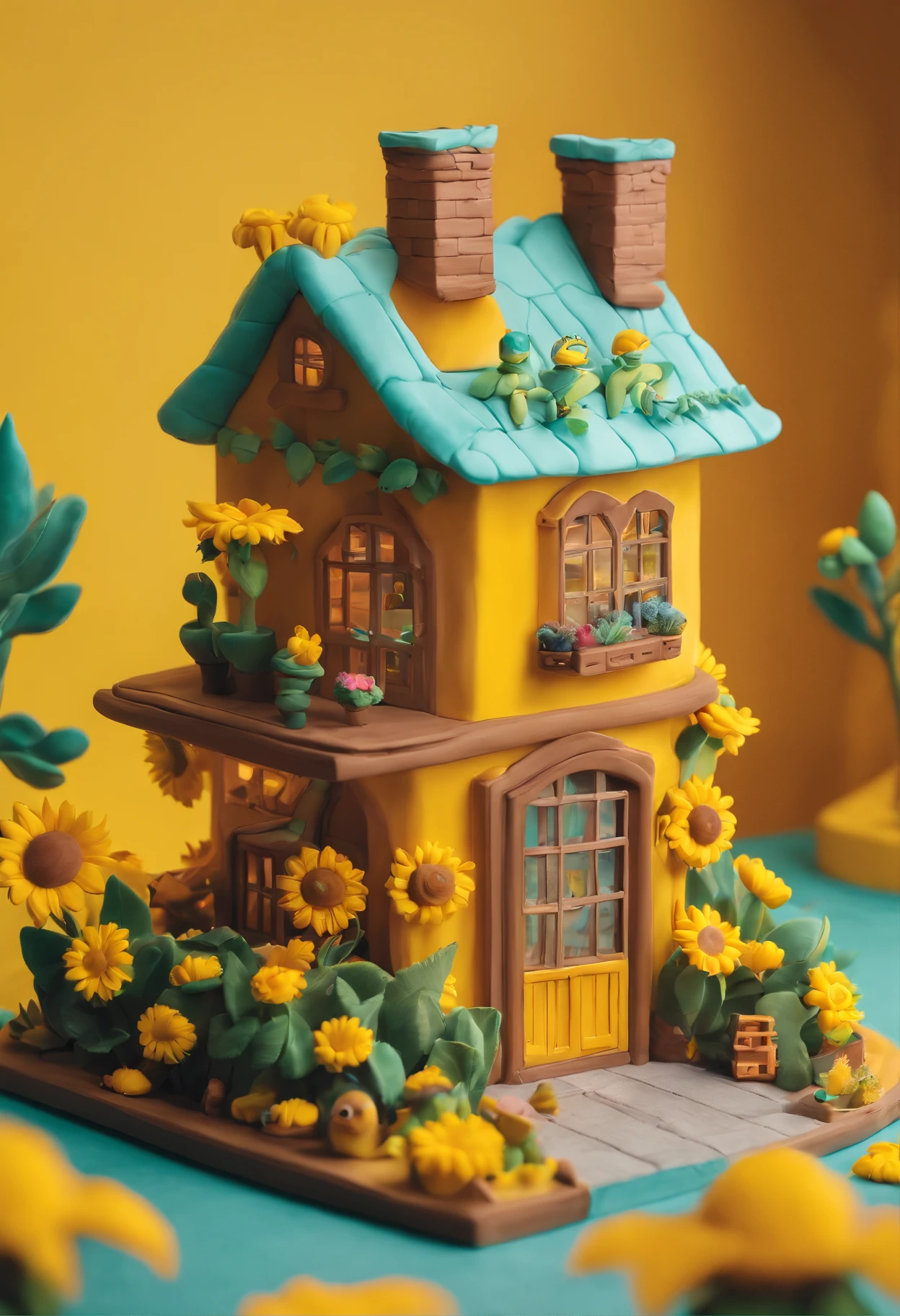 Sunflower House Gloria Studio, The garden is full of sunflowers, Clay material, Cartoonish design style, POP MART, Soft lighting, smooth lines, Tilt-shift lens, Detailed sci-fi illustrations, super realistic details, warm color