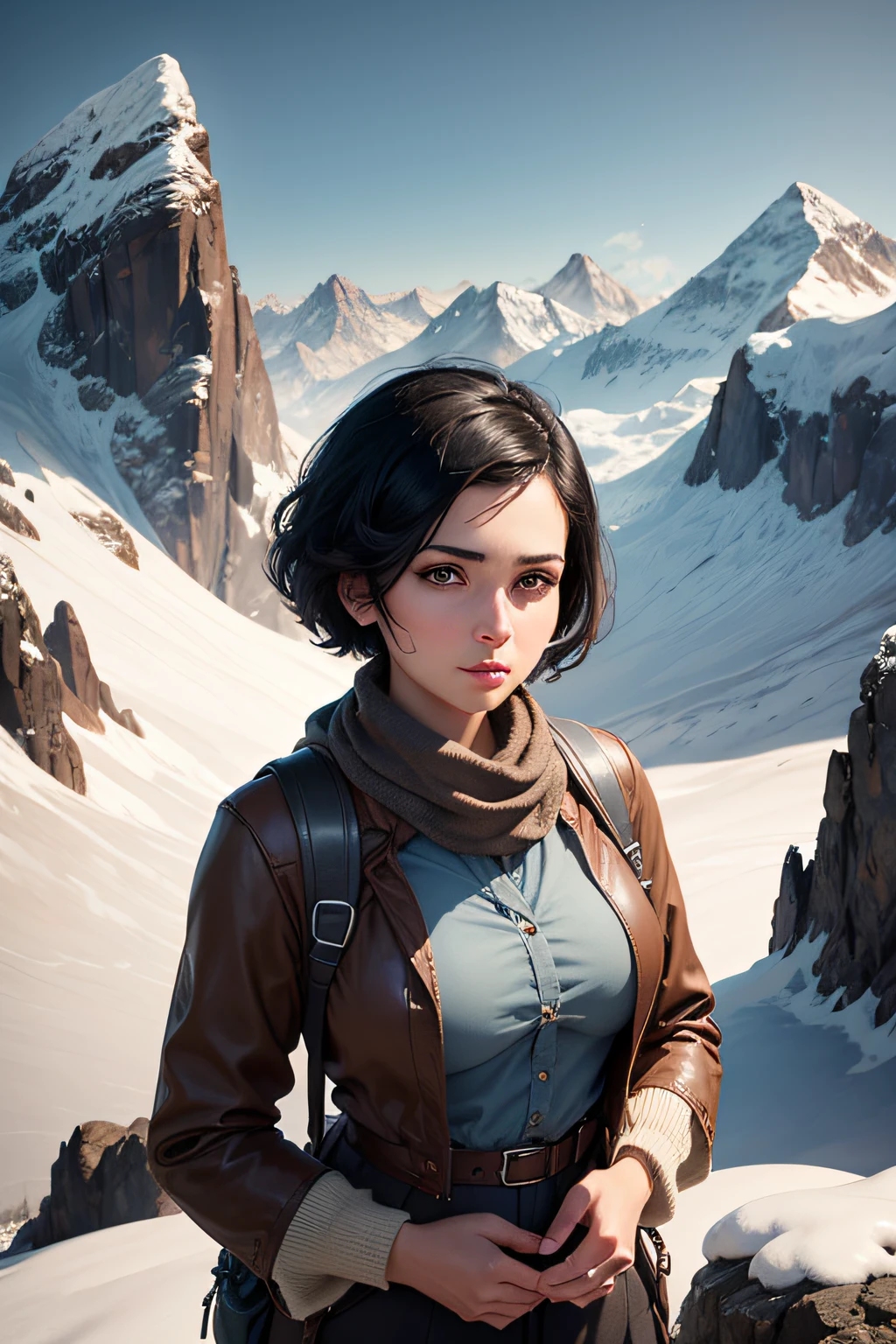 Portrait, 30-year-old beautiful woman, short black hair, dressed in 1930s style, hiker, beautiful expressive face, heartfelt gaze, on top of mountain, snow-capped peaks, beautiful view, Unreal Engine, 4K, majestic light
