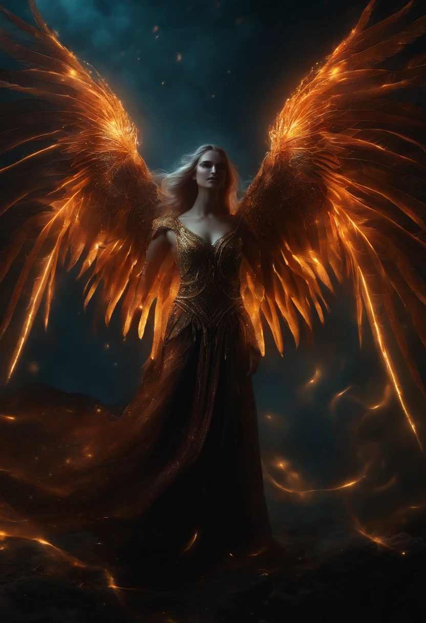 (Winged wizards), glowing light eyes, Flawless skin, eerie, Creepy, nightmarish, (Very bright colors), Light particles, with light glowing, shifting, wallpaper art, UHD wallpaper