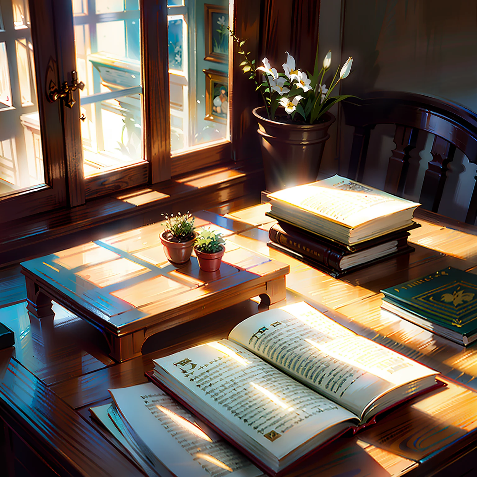 There is a white table,There is a book and a plant on it, Wooden table with books, warmly lit posh study, Realistic afternoon lighting, afternoon sunlight, with one vintage book on a table, Bright surroundings, elegant study, Afternoon light, summer morning light, cinematic morning light, studying in a brightly lit room, studious chiaroscuro, sunny morning light,cold shades