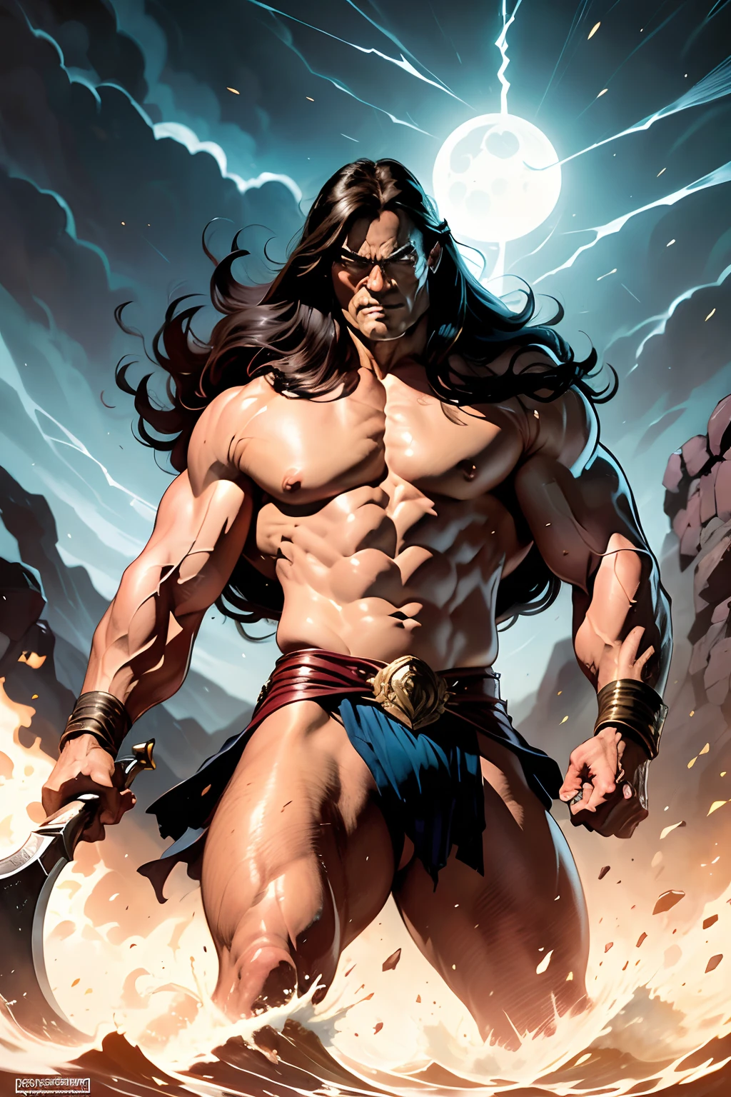 Conan, the Barbarian, cabelos longos negros, olhar selvagem, Athletic Physique, vestido com uma tanga feita de pele de urso, mantida por um cinto ornado de metal, in his hands an axe and a sword, pose distinta pronto para travar a sua maior batalha contra seus inimigos pictos, epic scene inspired by Robert E's End of the World Frontier.Howard ,Arte John Buscema, (cena detalhada, Luz Natural, arte perfeita)