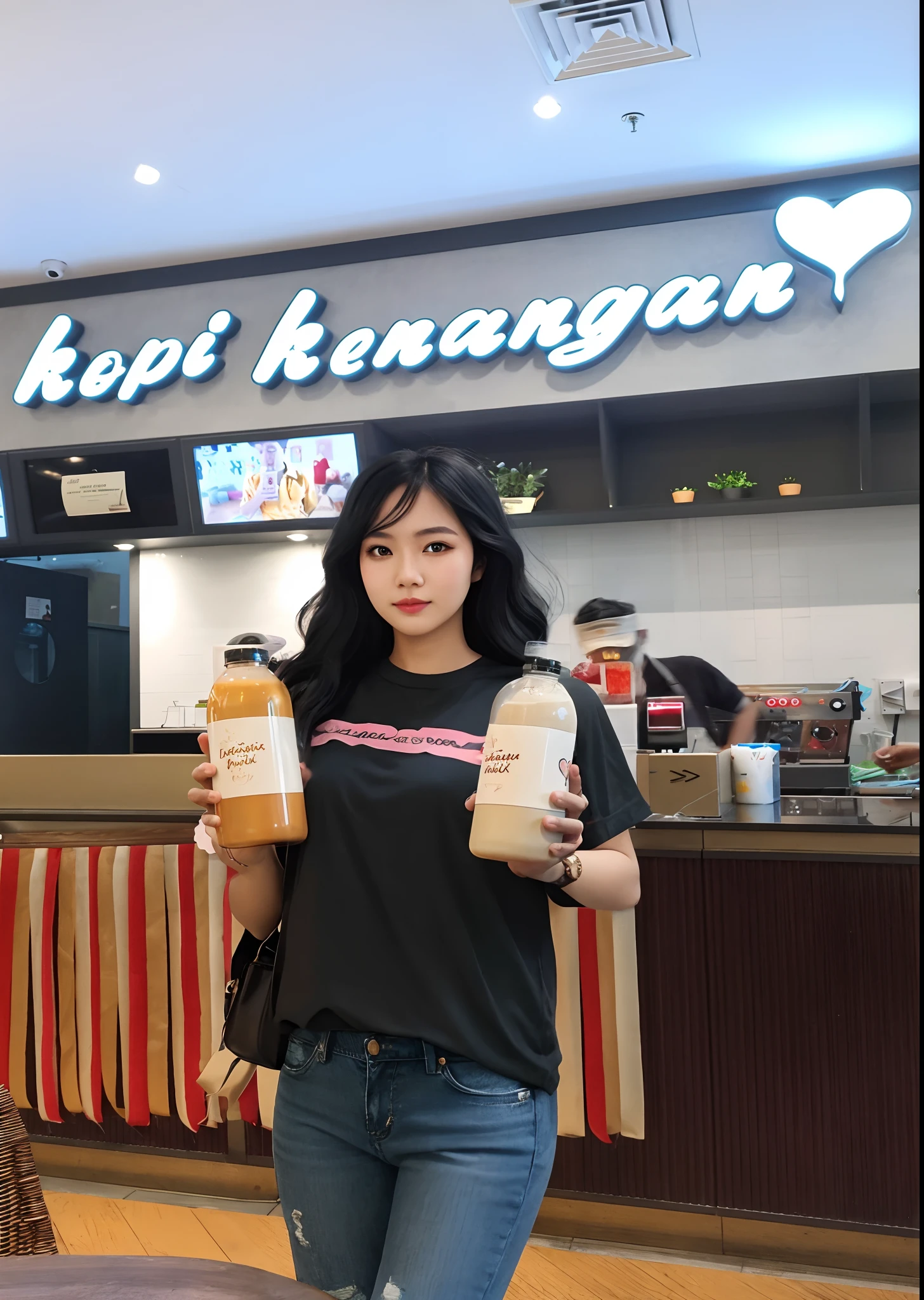1girl, solo, RAW Photo, modelshoot style, Photograph of a young beautiful bright indonesian woman with black brown long hair flow in soft curl and ((warm skin)), focused, wear pink minimalist t-shirt, mini short jeans, holding 2 bottles, (soft make up), mild face make up, medium breast, face to the camera, looking at viewer, playing swing, best quality, masterpiece, uhd, ((photorealistic))