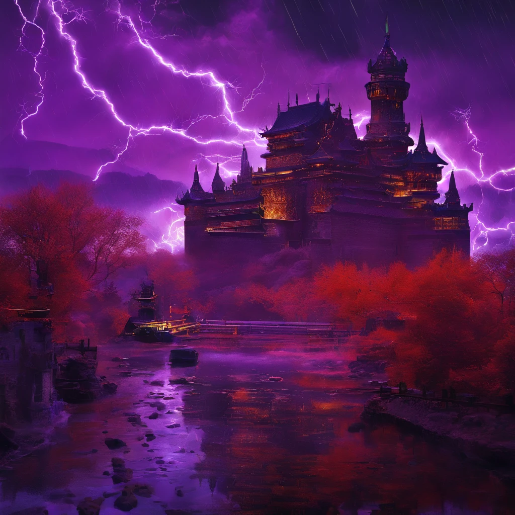 In heavy rain,((A huge castle complex of ancient square-topped stones burning in the fire))The picture quality is excellent,Lightning,Yellow light fog,电影灯光,Natural, realistic colors,Full composition,The style refers to Van Gogh,Subject content,Burning wooden ancient domed stone giant castle game scene 1:60 miniatures,Lightning and lightning,Agate glass texture 32K(tmasterpiece,k hd,hyper HD,32K)Long flowing bright purple hair,Autumn Pond,zydink, a color, Asian people (Kizi), (Red scarf), Combat posture, looking at the ground, long whitr hair, Floating bright purple, Fire cloud pattern gold tiara, Chinese long-sleeved gold silk garment, (abstract ink splash:1.2), white backgrounid,Lotus protector(realisticlying:1.4),Bright purple hair,Smoke on the road,The background is pure, A high resolution, the detail, RAW photogr, Sharp Re, Nikon D850 Film Stock Photo by Jefferies Lee 4 Kodak Portra 400 Camera F1.6 shots, Rich colors, ultra-realistic vivid textures, Dramatic lighting, Unreal Engine Art Station Trend, cinestir 800,Long flowing bright purple hair