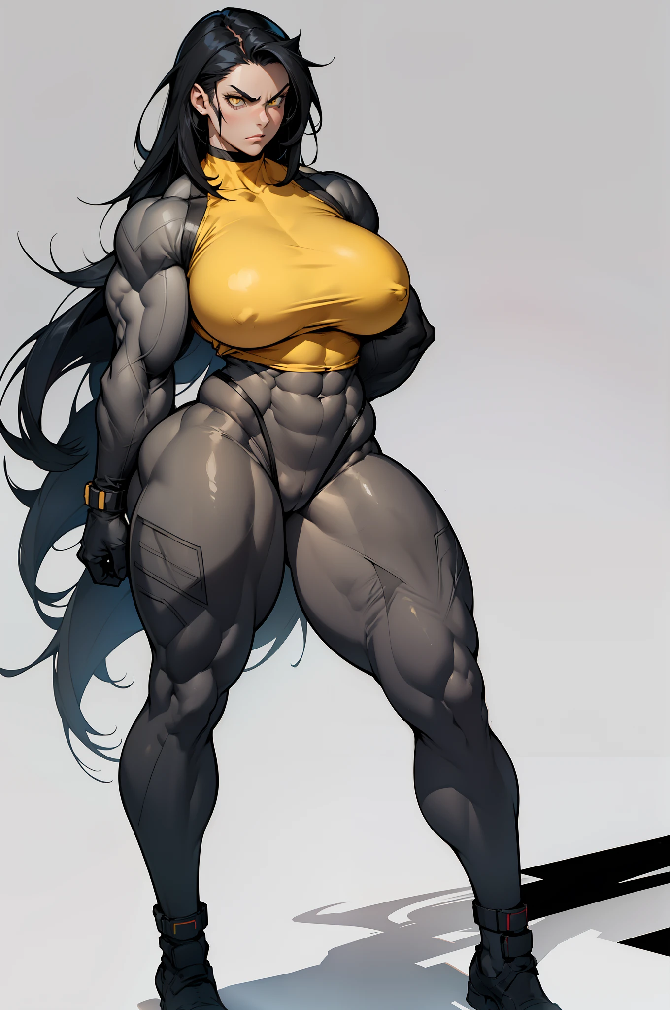 ((grey background)), solo, ((((1 girl)))), bodysuit, very long hair, black hair, angry, yellow eyes, ((((((muscular)))))), (((huge tits))), (((thick thighs))), (((wide hips))), (full body), pale skin, (tight shirt), (tight pants), standing