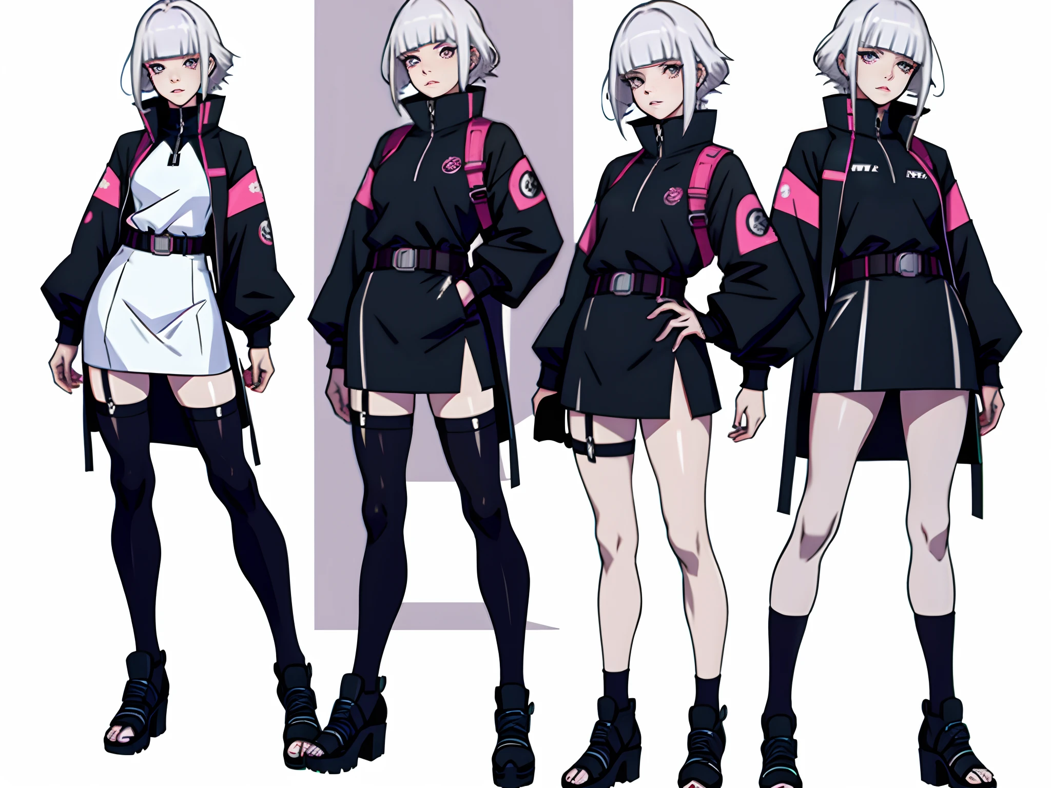 Masterpiece: 1.6, best quality: 1.4, live image: 1.2, intricate details: 1.2, graphournerv2: 1.2, full body character change 1lady,
Appearance: milf: 1.25, slim: 1.3, small breasts, detailed eyes, quality eyes, small stature,
 girl, cute girl, short stature, Clothing: ninja clothing, Naruto Shippuden style clothing, bodycon dress, jacket with collar, shoes with heels.
Accessories: small flowers for the hair, belt, stockings.
Eyes: pale lilac eyes, byakugan eyes.
Hair: platinum white hair, straight bangs, shoulder-length hair.
Makeup: natural.
(single background, white background: 1.3), multiple views, multiple views of the same character in the same outfit: 1.3.