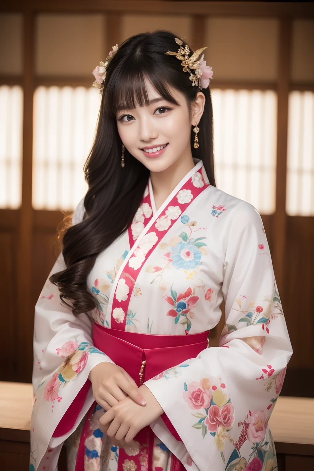 22-year-old girl、Furisode、Flashy pattern、cafes、A smile、Beautuful Women、((top-quality、8K、masterpiece:1.3))、foco nítido:1.2、An ultra-high picture quality、top-quality、masterpiece、natural soft light、The upper part of the body