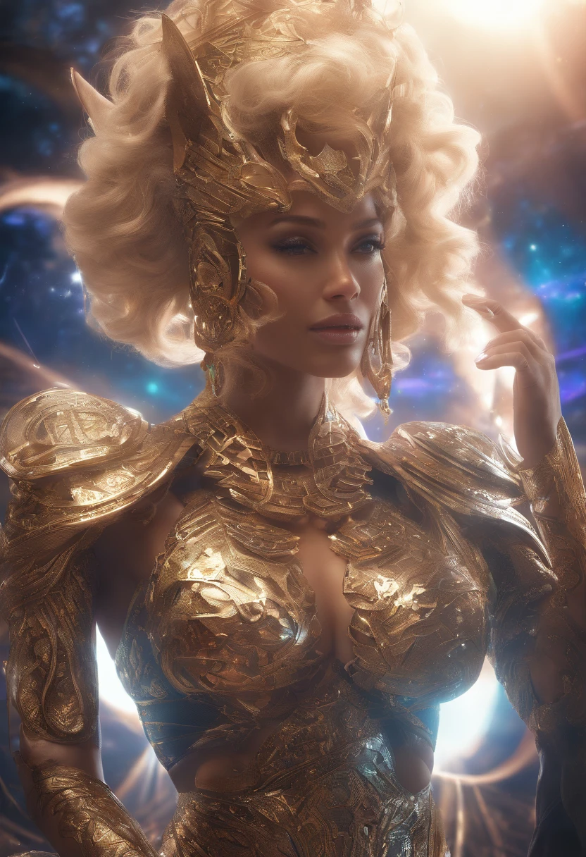 (Hyper Realistic, best quality),8k,(realistic, photo-realistic:1.3), Masterpiece, ultra high res, Impressive, ((35 years old Brazilian Milf Woman:1.3), (Suntan-Skin:1.3), (Athletic_Body-ABS:1.3), (lush fleshy lips:1.3), (Sitting on an intricate futuristic throne in the space galaxy:1.3), (Caressing the Kitty Pet:1.3),), ((Beautiful long curly hair:1.3), (Blonde hair:1.3)), (Sexy Egyptian jewels underwear with intricate effects Galaxy Bioluminescen long sleeves:1.3), (high detailed skin: 1.3), (Cleft_Chin:1.3), (Pubic hair: 1.3), huge breasts, cleavage, (perfect face: 1.3), (beautiful detailed eyes: 1.3), face, looking at the viewer, daylighting, (film grain, Fujifilm XT3, 8k uhd, dslr, lens), Hollywood Lips, broad jaw line, wide lips, beautiful narrow nose, cinematic, hyper-detailed, insane details, beautifully classified color, Unreal Engine, DOF, Super-Resolution, Megapixel, Cinematic Lightning, Anti-Aliasing, FKAA, TXAA, RTX, SSAO, Post-Processing, Post-Production, Tone Mapping, CGI, VFX, SFX, Insanely detailed and intricate, Hyper maximalist, Hyper realistic, Volumetric, ultra photoreal, ultra-detailed, intricate details, Super detailed, Colorful, Volumetric lightning, HDR, Realistic, Unreal Engine, 16K, Crisp focus, octane render