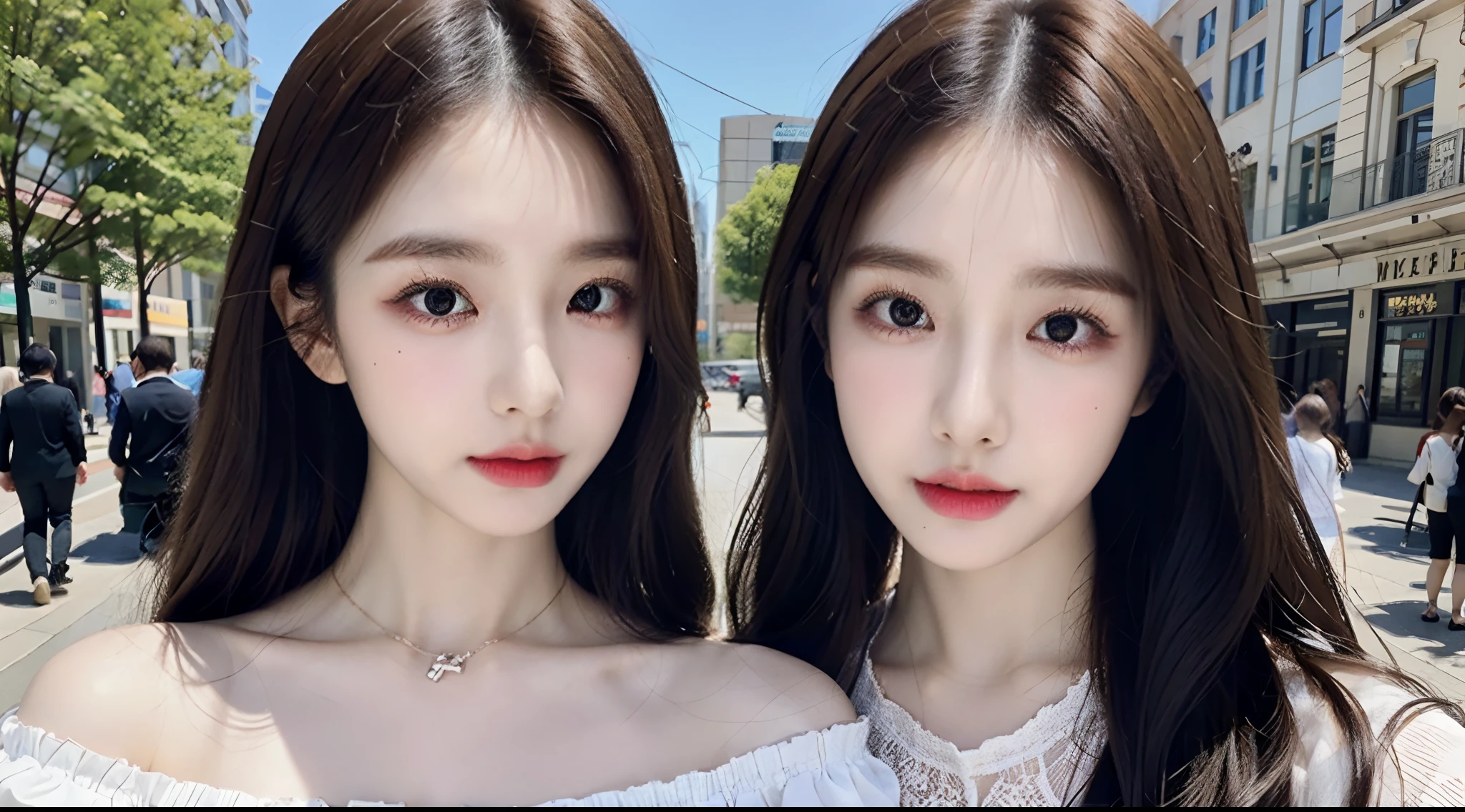 (High-resolution 8K raw photos are realistic,best qualtiy)，Fashion trendy beautiful and charming woman，gentle and charming Chinese beautiful woman，Korea,Kpop idol，delicate and sexy collarbones，charming oval face，二重まぶた，Ingenious[peaches]flower eyes，redish pink lips，small-nose，exposed bare shoulders，focus at face，closeup of face，Hyper-detailing，Blue off-the-shoulder long-sleeved top，White hip wrapped skirt，Light red hair，(cleavage，A half body，Close-up，Solo)，Lace，lacing，head gear， Fresh and impressive， natural color，(pedestrian street，cbd,rays of sunshine，outside，Stone table，LV shoulder bag for women，cellular phone)，Front light