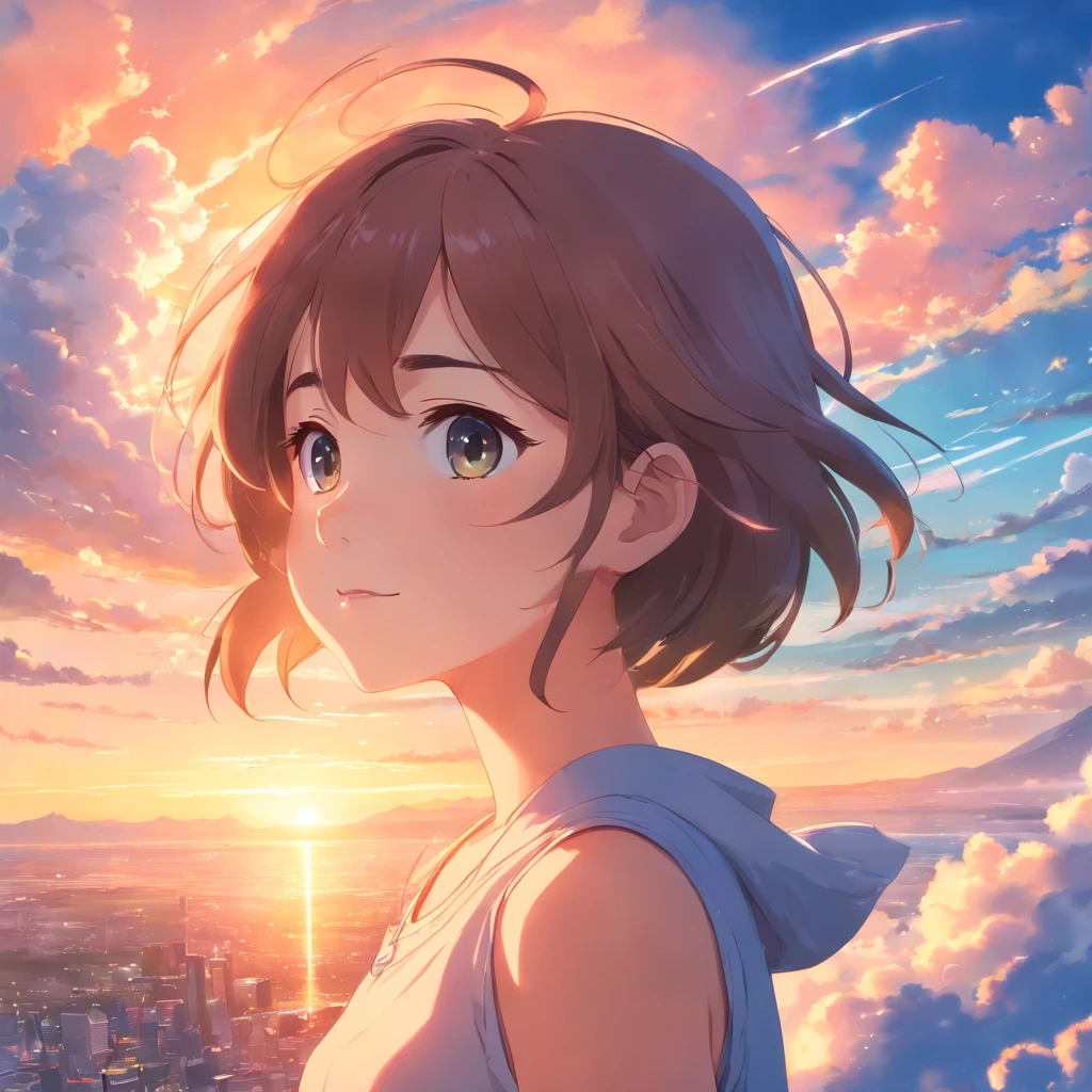 masterpiece, best quality, movie still, 1girl, cloud girl, floating in the sky, close-up, bright, happy, warm soft lighting, sunset, (sparks:0.7)