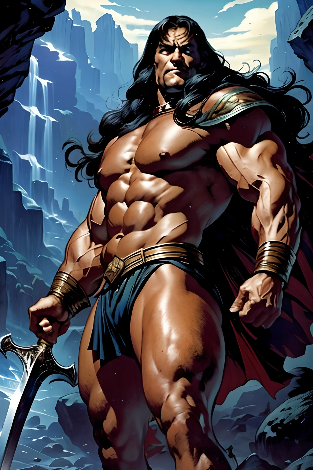 Conan, the Barbarian, cabelos longos negros, olhar selvagem, Athletic Physique, vestido com uma tanga feita de pele de urso, mantida por um cinto ornado de metal, in his hands an axe and a sword, pose distinta pronto para travar a sua maior batalha contra seus inimigos pictos, epic scene inspired by Robert E's End of the World Frontier.Howard ,Arte John Buscema, (cena detalhada, Luz Natural, arte perfeita)