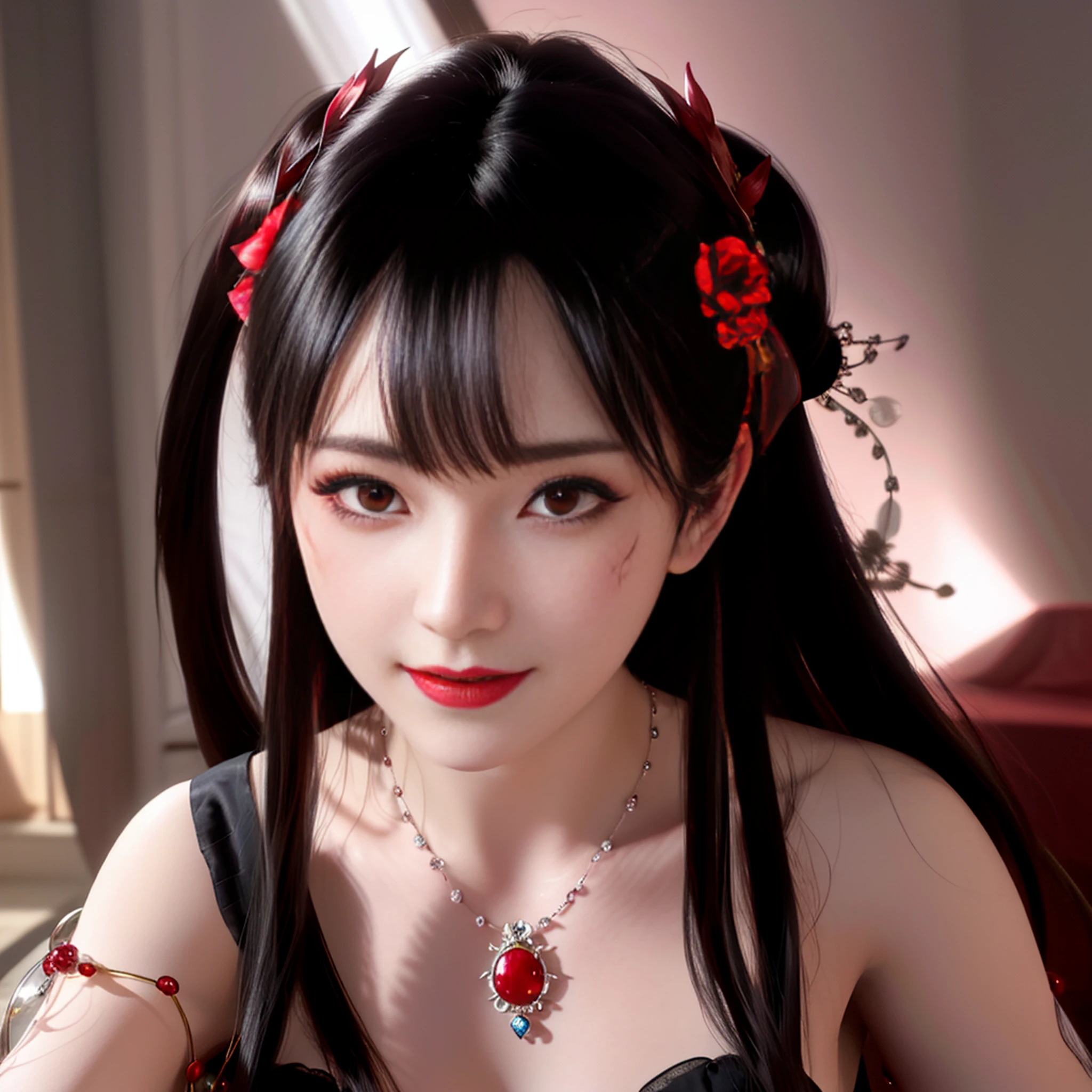 best quality, masterpiece, highres, 1girl, lingerie china armor, hair ornament, necklace, jewelry, Beautiful face, upon_body, tyndall effect, photorealistic, dark studio, rim lighting, two tone lighting, (high detailed skin:1.2), 8k uhd, dslr, soft lighting, high quality, volumetric lighting, candid, Photograph, high resolution, 4k, 8k, Bokeh, medium breasts, (light pink lips), 1 beautiful devil woman from hell, In the Dark: 1.6), surreal female portrait by David Hockney and Alphonse Mucha, fantasy art, korea doll, photorealism, dynamic lighting, artstation, poster, volumetric lighting, very detailed faces, 8k ultra, Awarded, in the dark, deep shadow, low key, cowboy lens, (Red phoenix dress: 1.4), long hair, black hair, bust, luxurious palace, Royal style, devil crown, red eyes make up very sharp and detailed, The most beautiful face, The breasts are very big and round and round, Super realistic, chinese women's clothing, polo neck sweater, Charming smile, The eyes are very well made up, guweiz, devil style, wearing black mesh socks, Ponytail with a bow tied at the back of the hair, Red black lips, Devil tattoo on shoulder, wearing a thin red and black robe, the landscape is overcast and thunderous, (Portrait), Close-up of the main character, (Background details 1.8),
