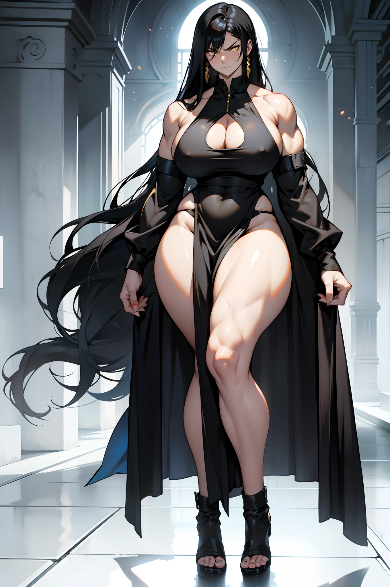 solo, 1 girl, ((full body)), very long hair, black hair, angry, yellow eyes, (((muscular))), ((huge tits)), (thick thighs)), ((wide hips)), pale skin, (long dress)