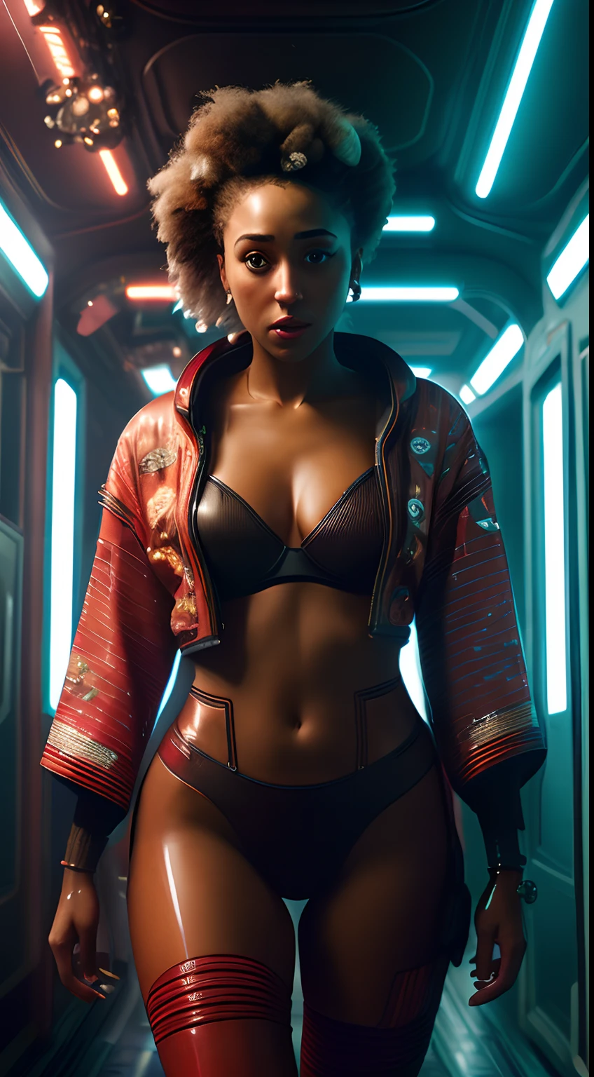 (8k, ARTISTIC photography, best quality, masterpiece: 1.2) (((Doja Cat))) film still of a photorealistic beautiful afro-american woman, ( in corridor on a space station wearing a futuristic red latex Kimono:1.5), cute face, ebony (edge runner, geisha):1.25, staring at the camera in front, Blonde hair,((dynamic pose))) over-detailed face, beautiful body, voluptuous body, 8k uhd, SLR camera, soft lighting, high quality, film grain, Arri Alexa mini , , Cinematic lighting, octane render, complex, 8k resolution concept art portrait , edgerunner, blade runner, Cyberpunk 2077, fractal isometrics details bioluminescence, hyperrealistic, photo awesome, gritty, realistic, (((pure 8K))), (((perfect anatomy))), extremely high-quality graphics, Riddley Scott, Blade Runner, Denis Villeneuve, Cyberpunk 2077 (((cinematic lighting))), ((clear details)), complex, highly detailed background,