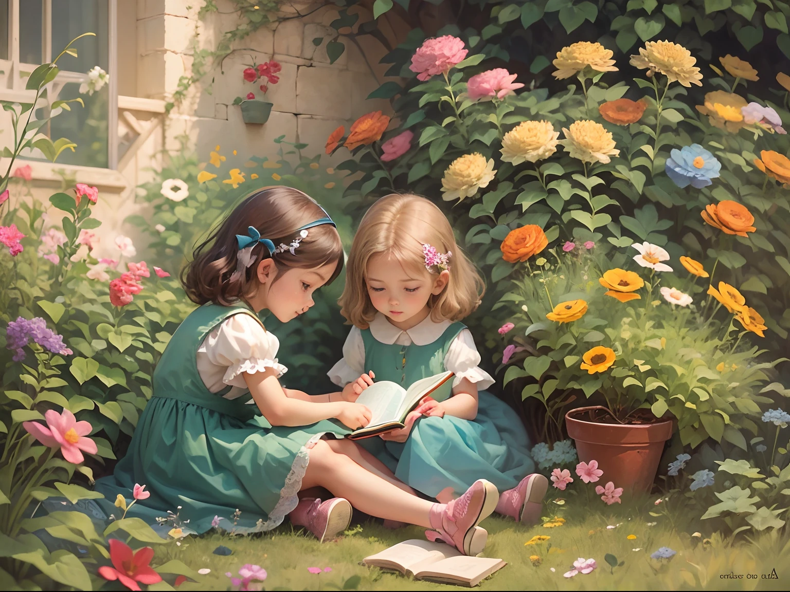 there are two  sitting on the grass reading a book, childrens art in artstation, wlop and andrei riabovitchev, wlop and sakimichan, adorable digital painting, loish and wlop, wlop and ross thran, tuomas korpi and wlop, wlop and ross tran, storybook art, fantasy book illustration